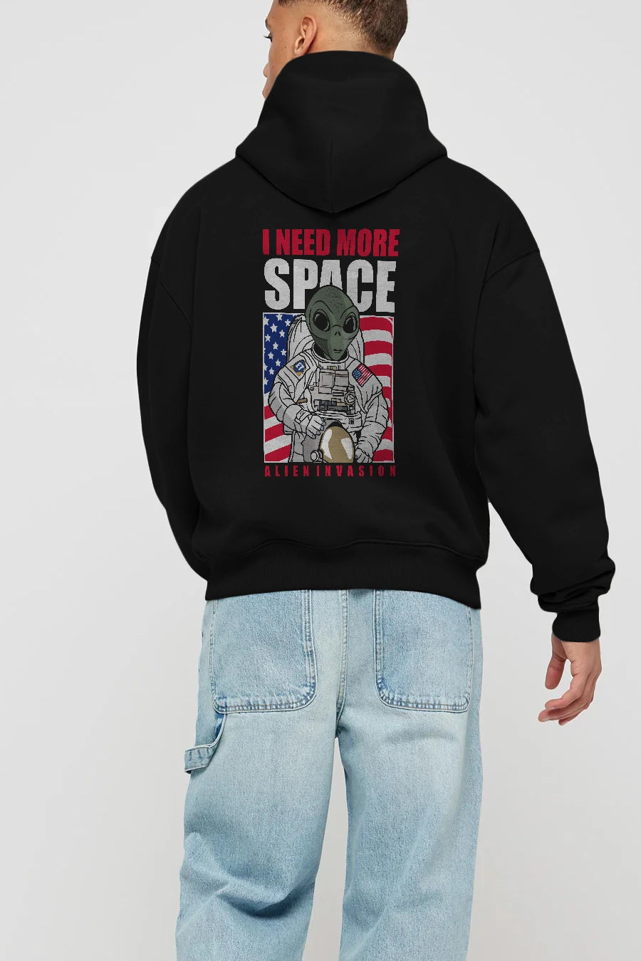 Alien Astronaut Arka Baskılı Hoodie Oversize Kapüşonlu Sweatshirt Erkek Kadın Unisex