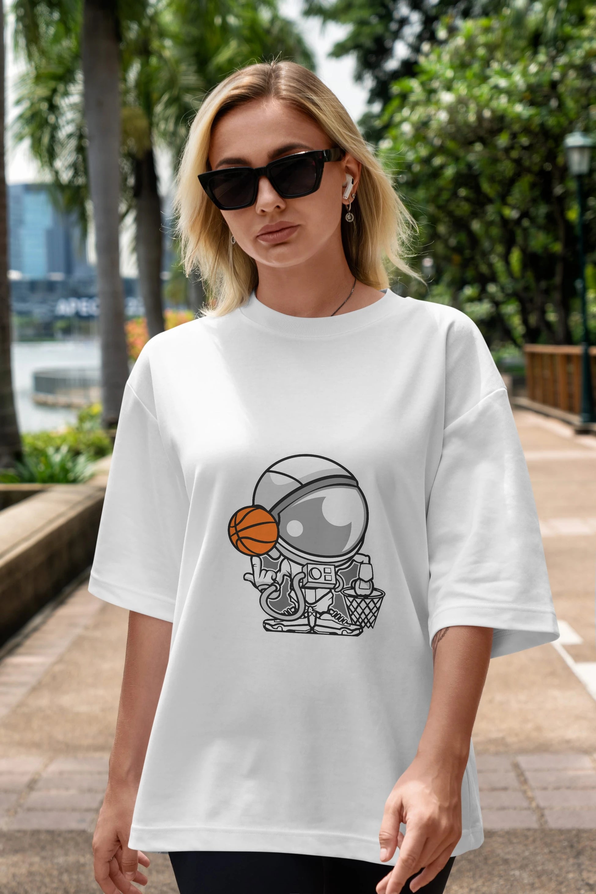Astronaut Basketball Ön Baskılı Oversize t-shirt Erkek Kadın Unisex %100 Pamuk tişort