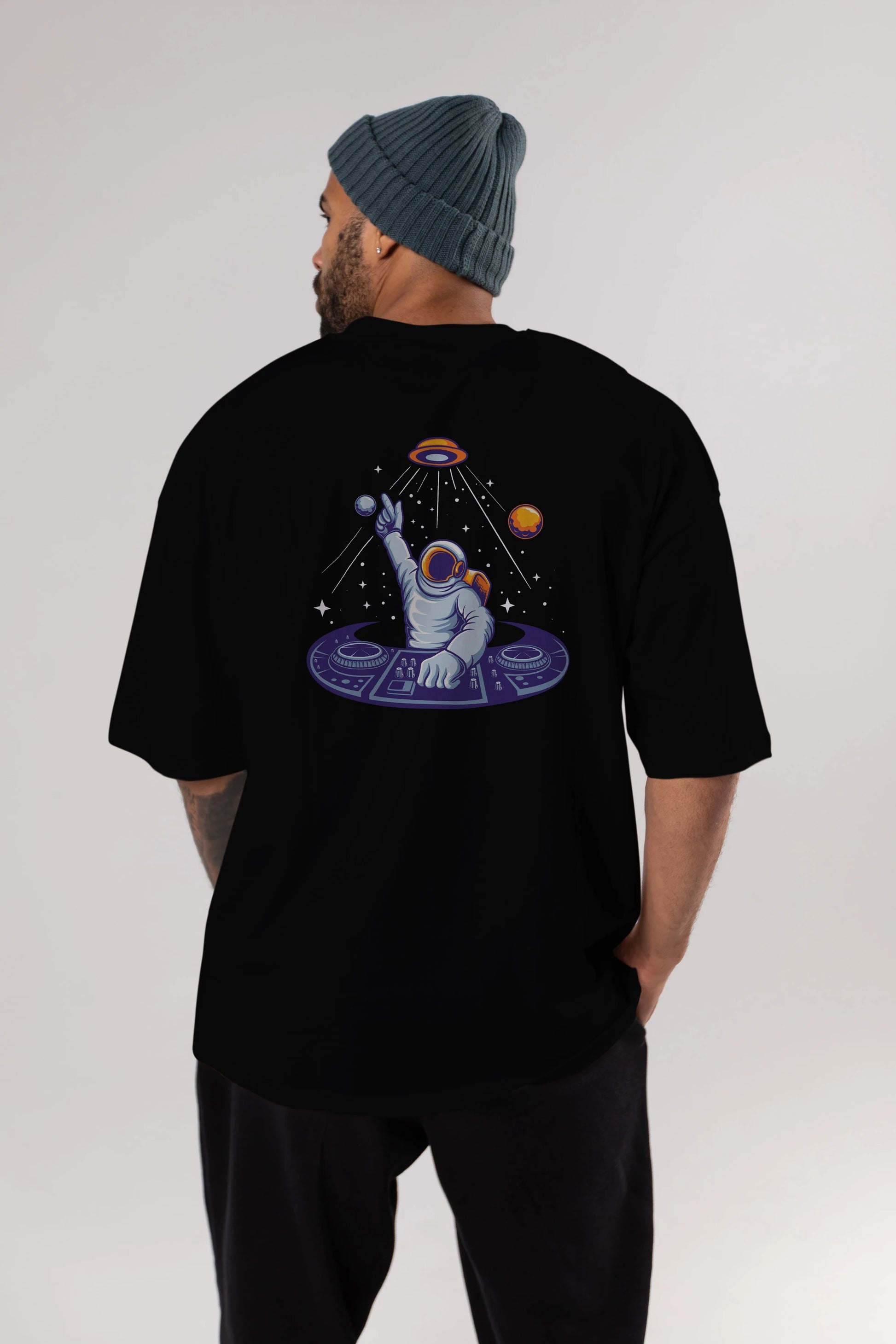 Astronaut Disk Jockey Party Arka Baskılı Oversize t-shirt Erkek Kadın Unisex