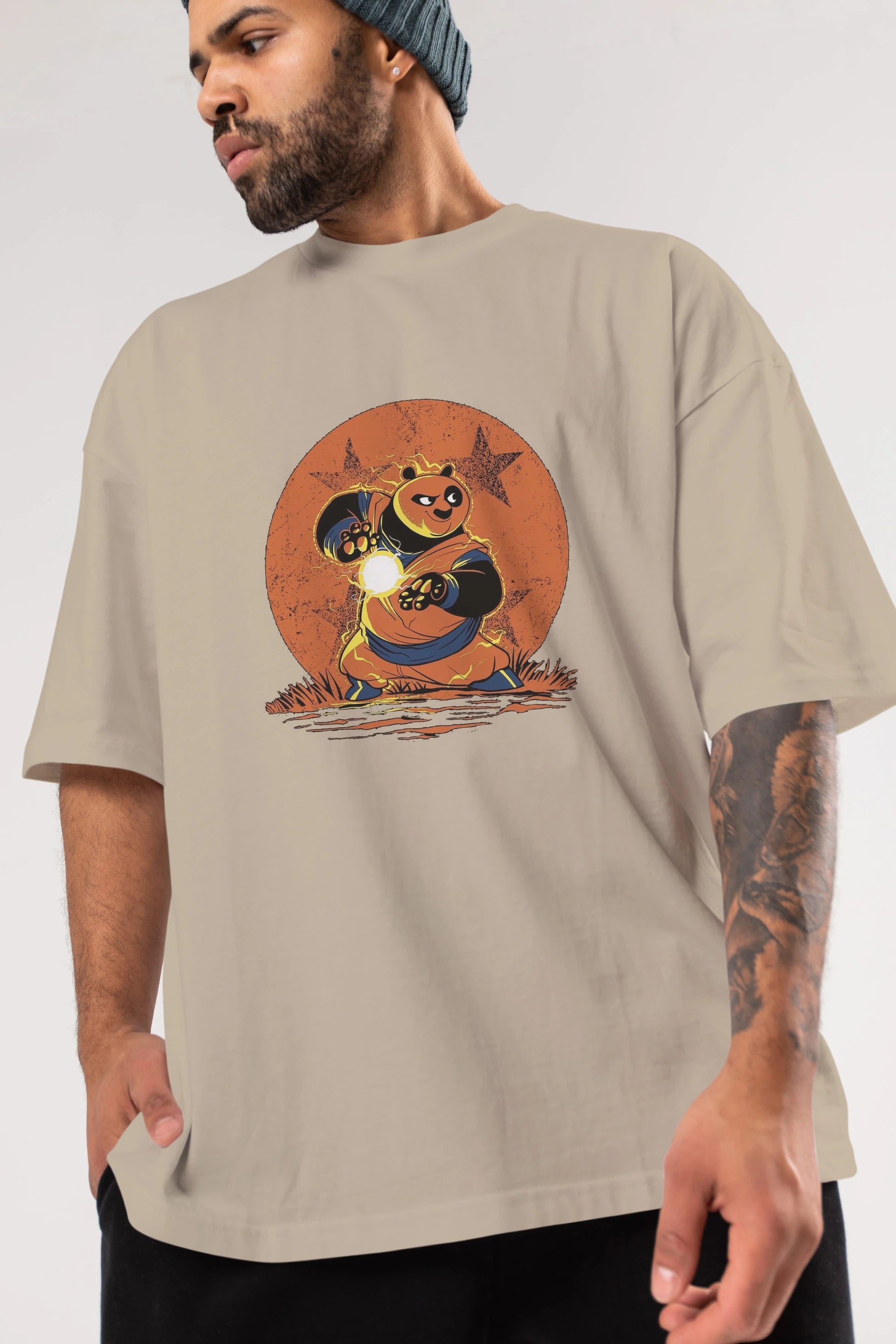 Kung Fu Panda Ön Baskılı Oversize t-shirt Erkek Kadın Unisex %100 Pamuk Bisiklet Yaka tişort