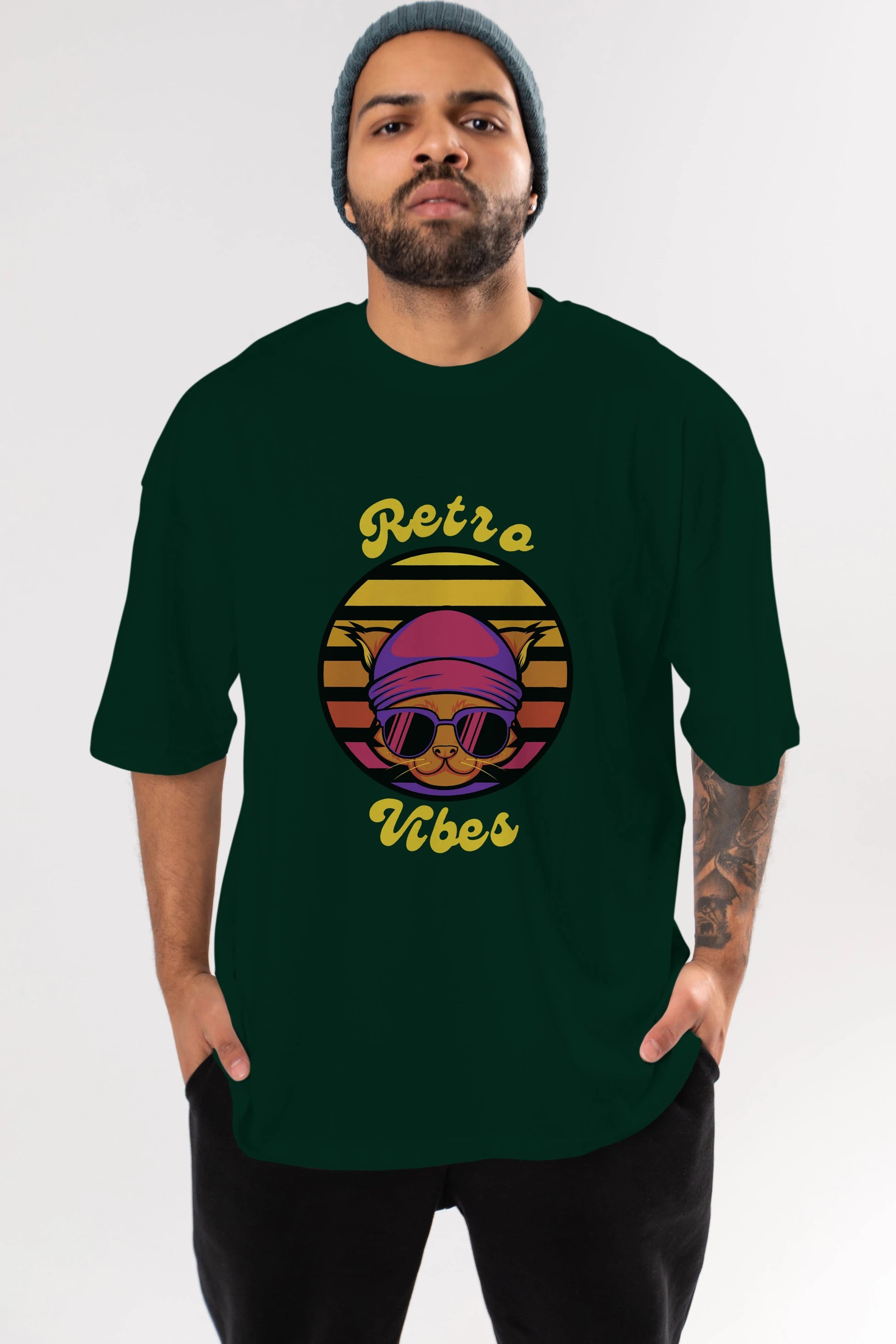 Cat Retro Vibes Ön Baskılı Oversize t-shirt Erkek Kadın Unisex