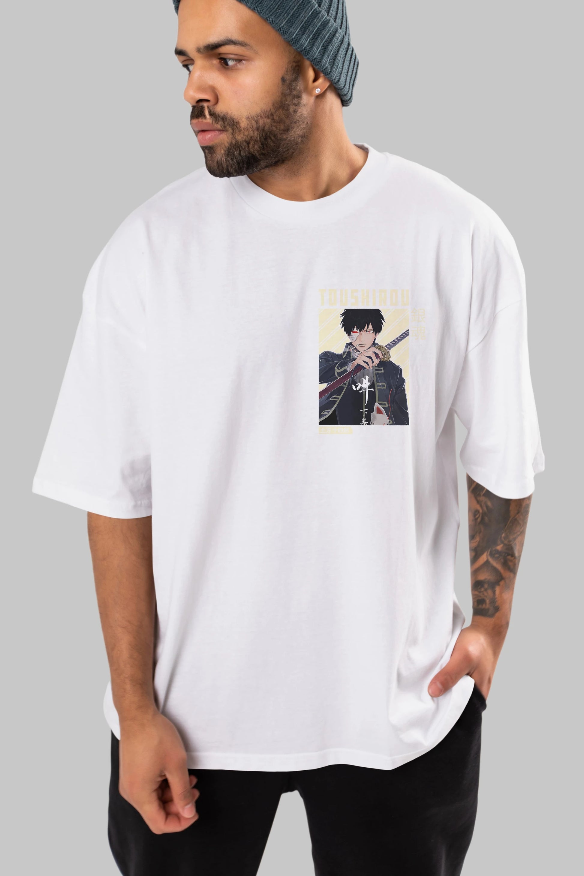 Toushirou Hijikata Ön Sol Baskılı Oversize t-shirt Erkek Kadın Unisex %100 Pamuk Bisiklet Yaka tişort