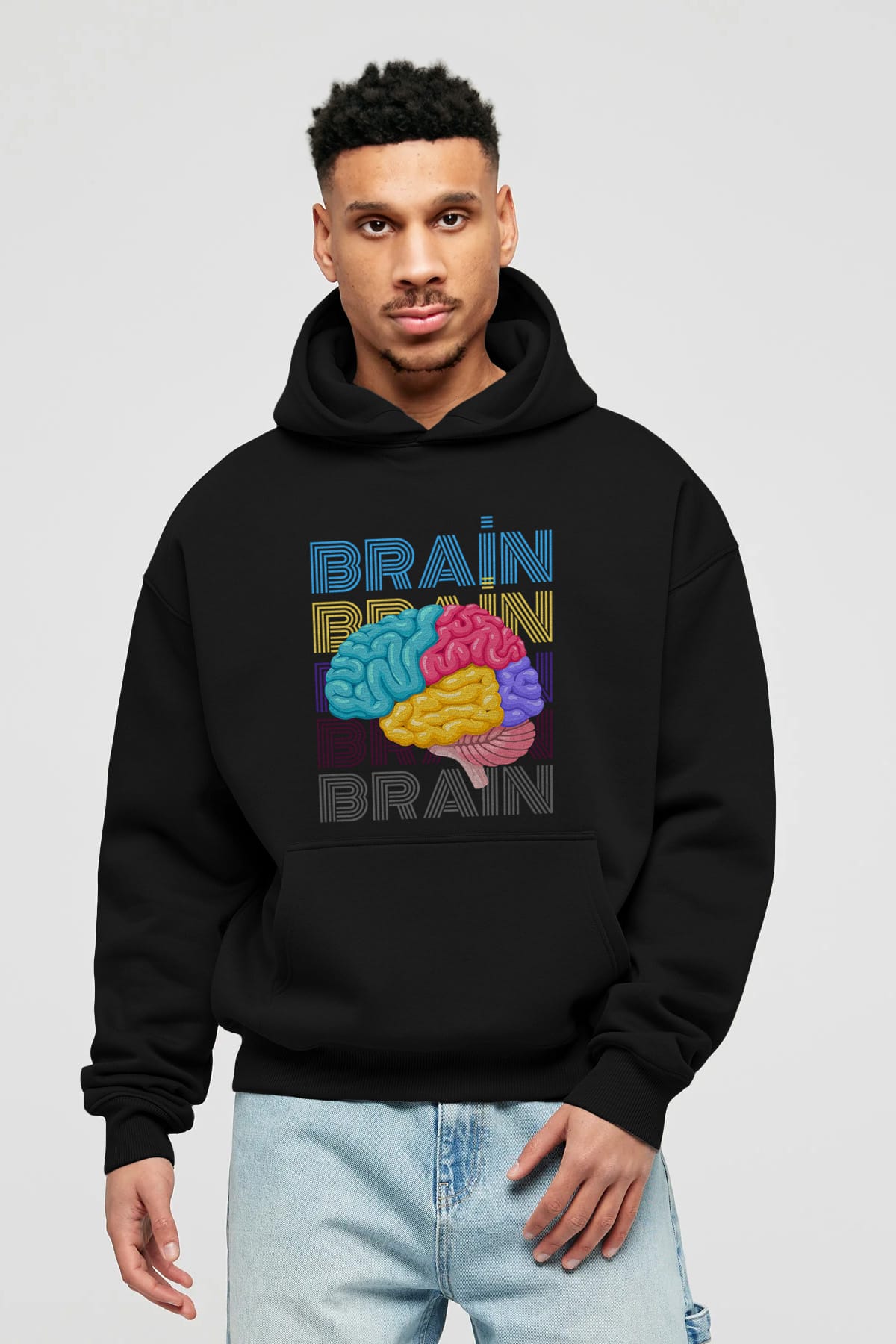 Brain Yazılı Ön Baskılı Oversize Hoodie Kapüşonlu Sweatshirt Erkek Kadın Unisex