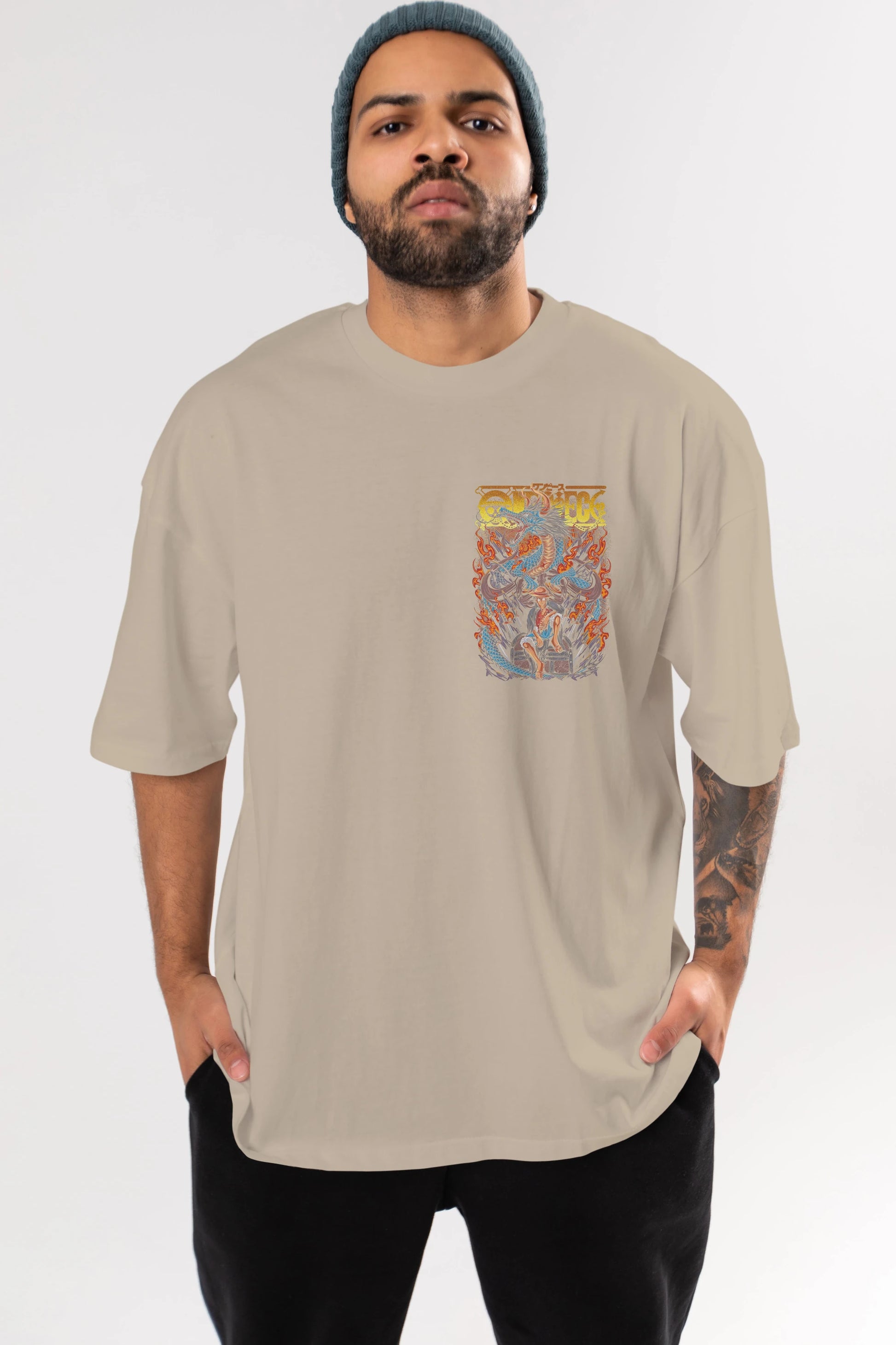 MONKEY D. LUFF-ONE PIECE Ön Sol Baskılı Oversize t-shirt Erkek Kadın Unisex %100 Pamuk Bisiklet Yaka tişort