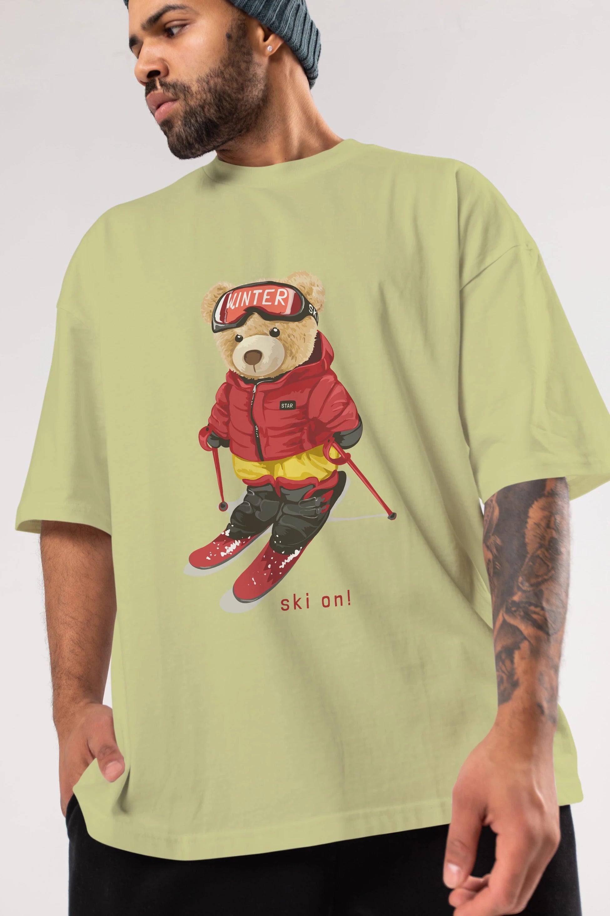 Teddy Bear Ski On Ön Baskılı Oversize t-shirt Erkek Kadın Unisex %100 Pamuk
