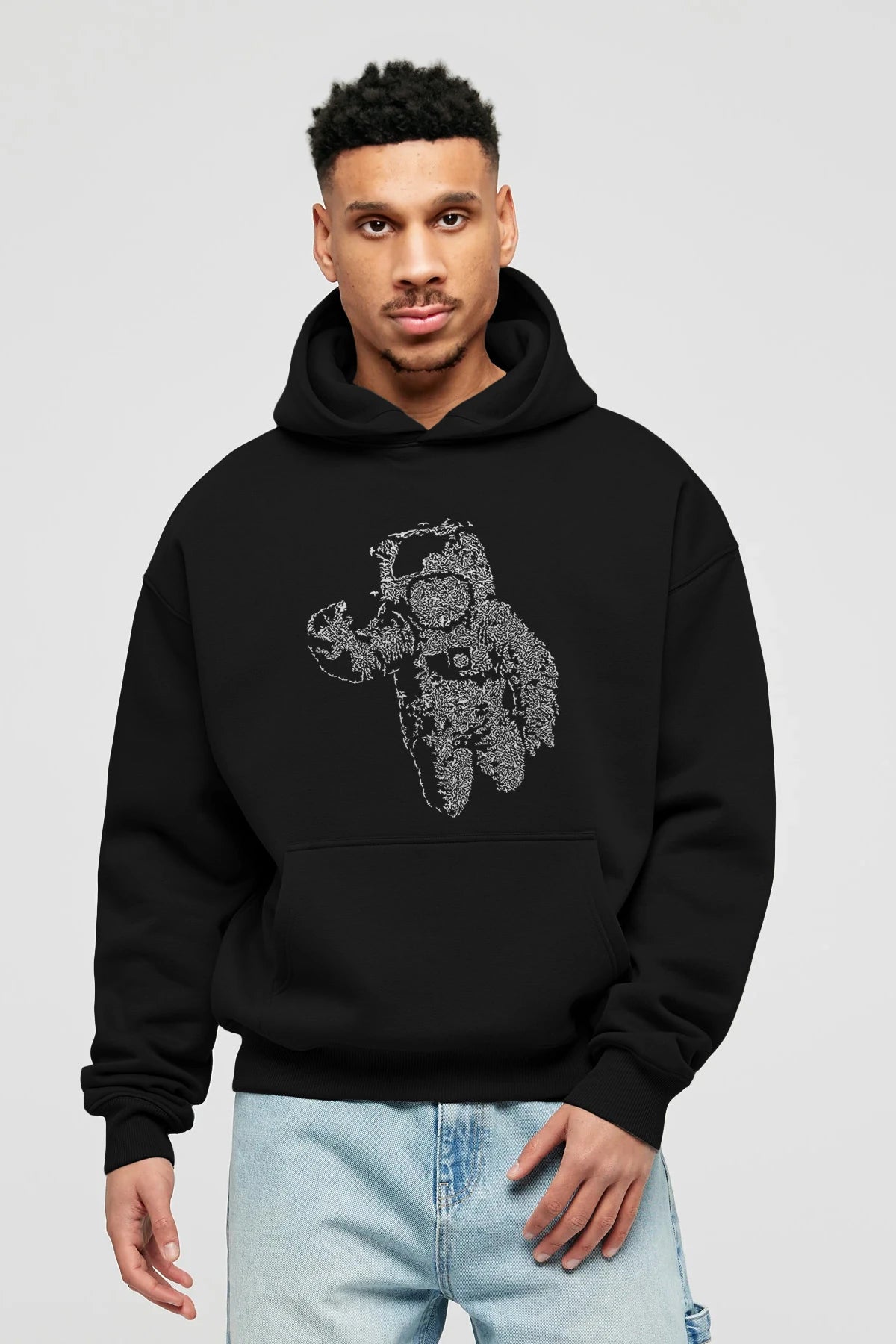 Flying Astronaut Ön Baskılı Hoodie Oversize Kapüşonlu Sweatshirt Erkek Kadın Unisex