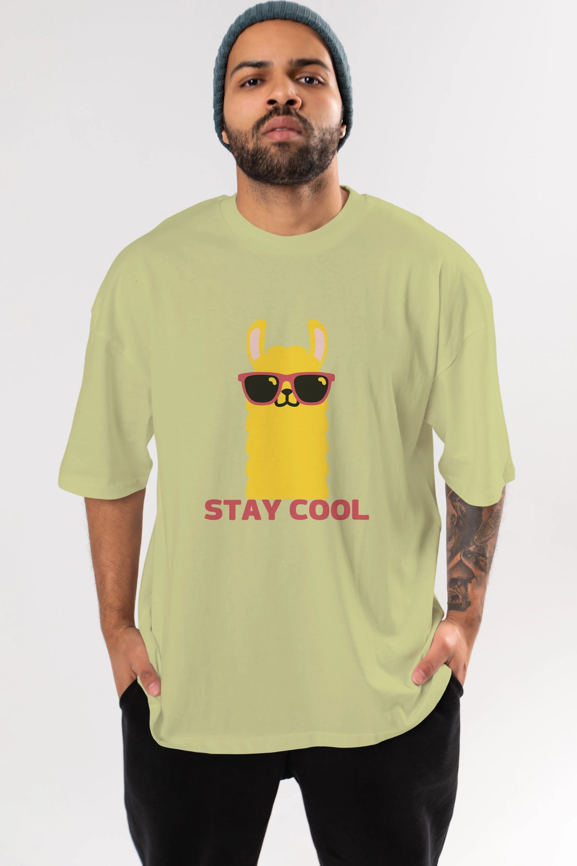 Stay Cool Yazılı Lama Ön Baskılı Oversize t-shirt Erkek Kadın Unisex