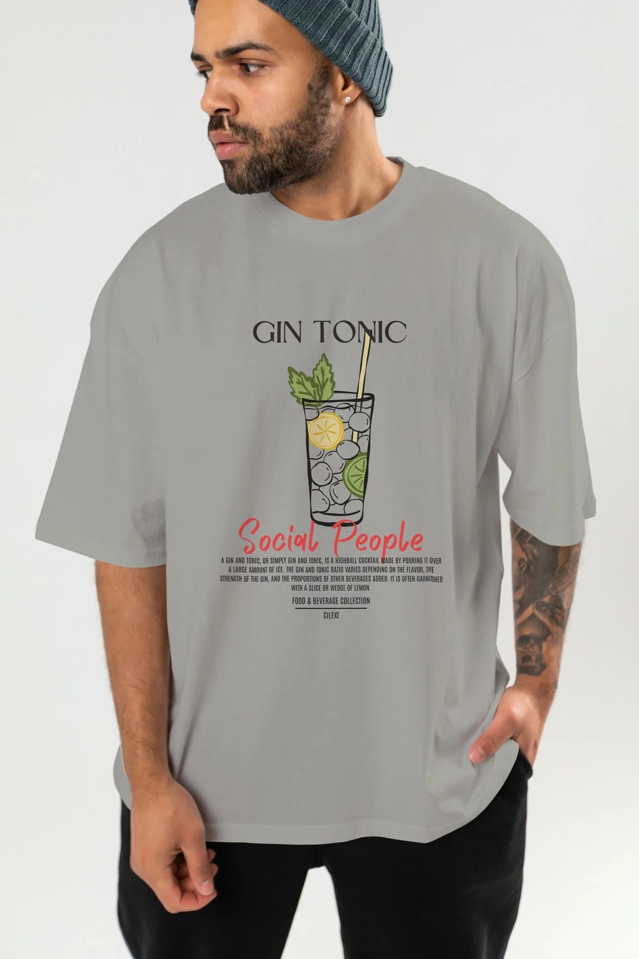 Gın Tonıc Kokteyl Serisi ön Baskılı Oversize t-shirt Erkek Kadın %100 Pamuk Bisiklet Yaka tişort
