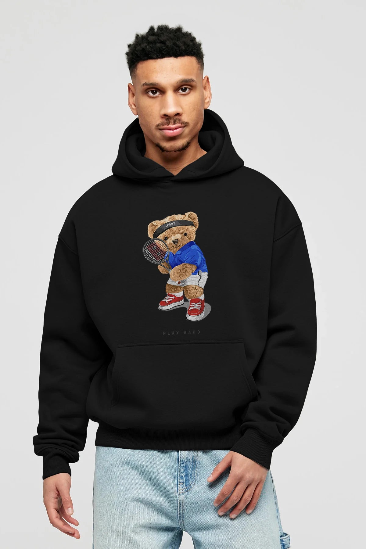 Teddy Bear Play Hard Ön Baskılı Hoodie Oversize Kapüşonlu Sweatshirt Erkek Kadın Unisex