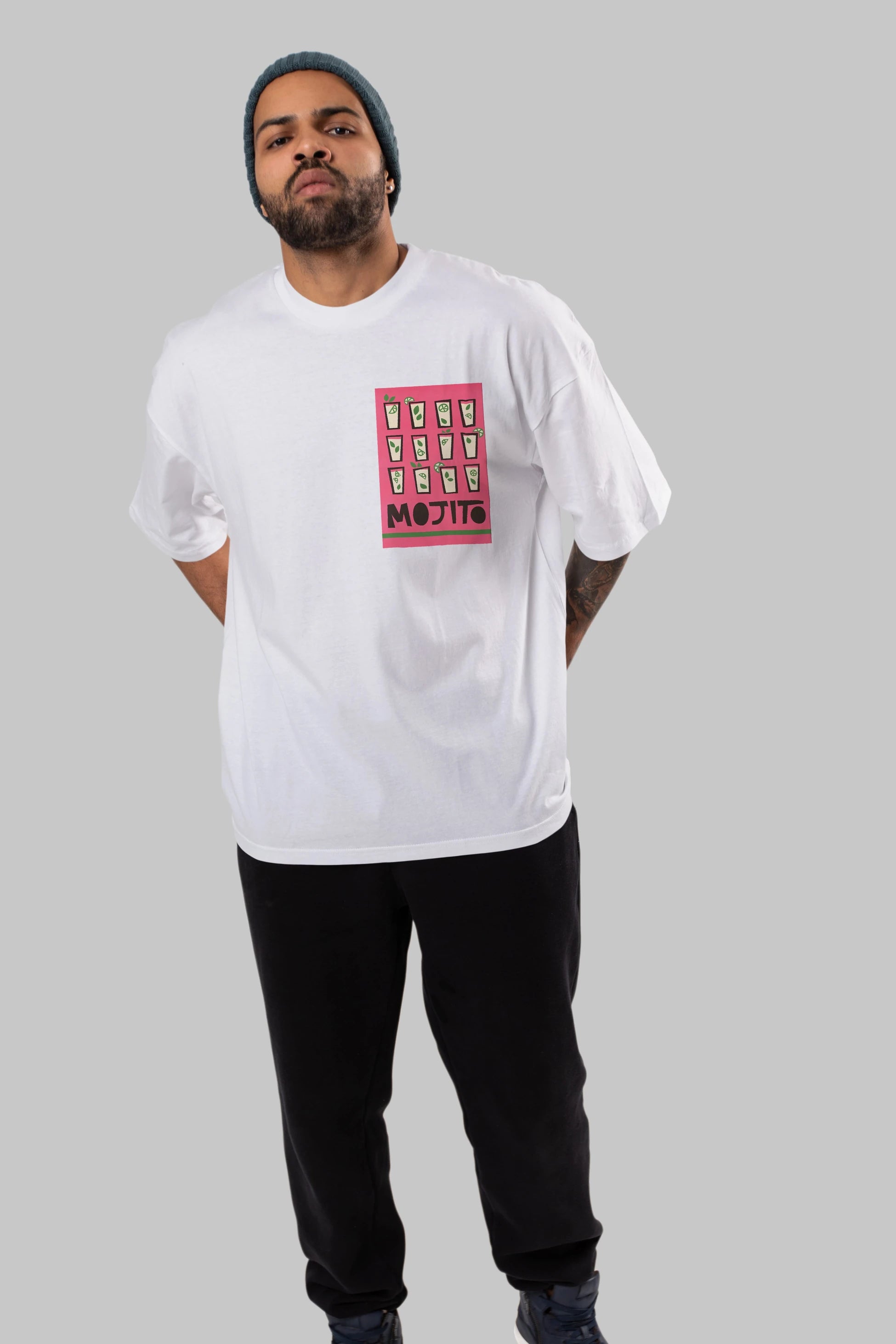 Mojito Ön Sol Baskılı Oversize t-shirt Erkek Kadın Unisex %100 Pamuk Bisiklet Yaka tişort