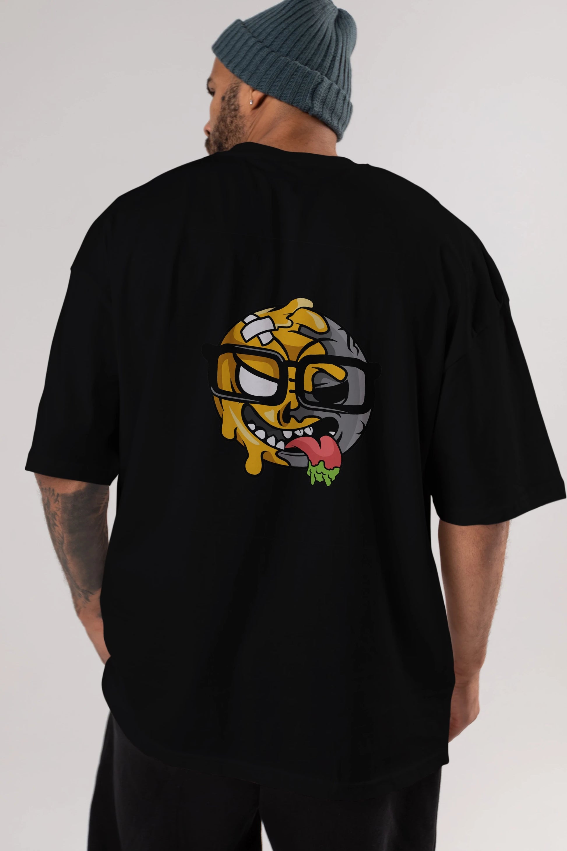 Smiley Nerd Arka Baskılı Oversize t-shirt Erkek Kadın Unisex %100 Pamuk tişort