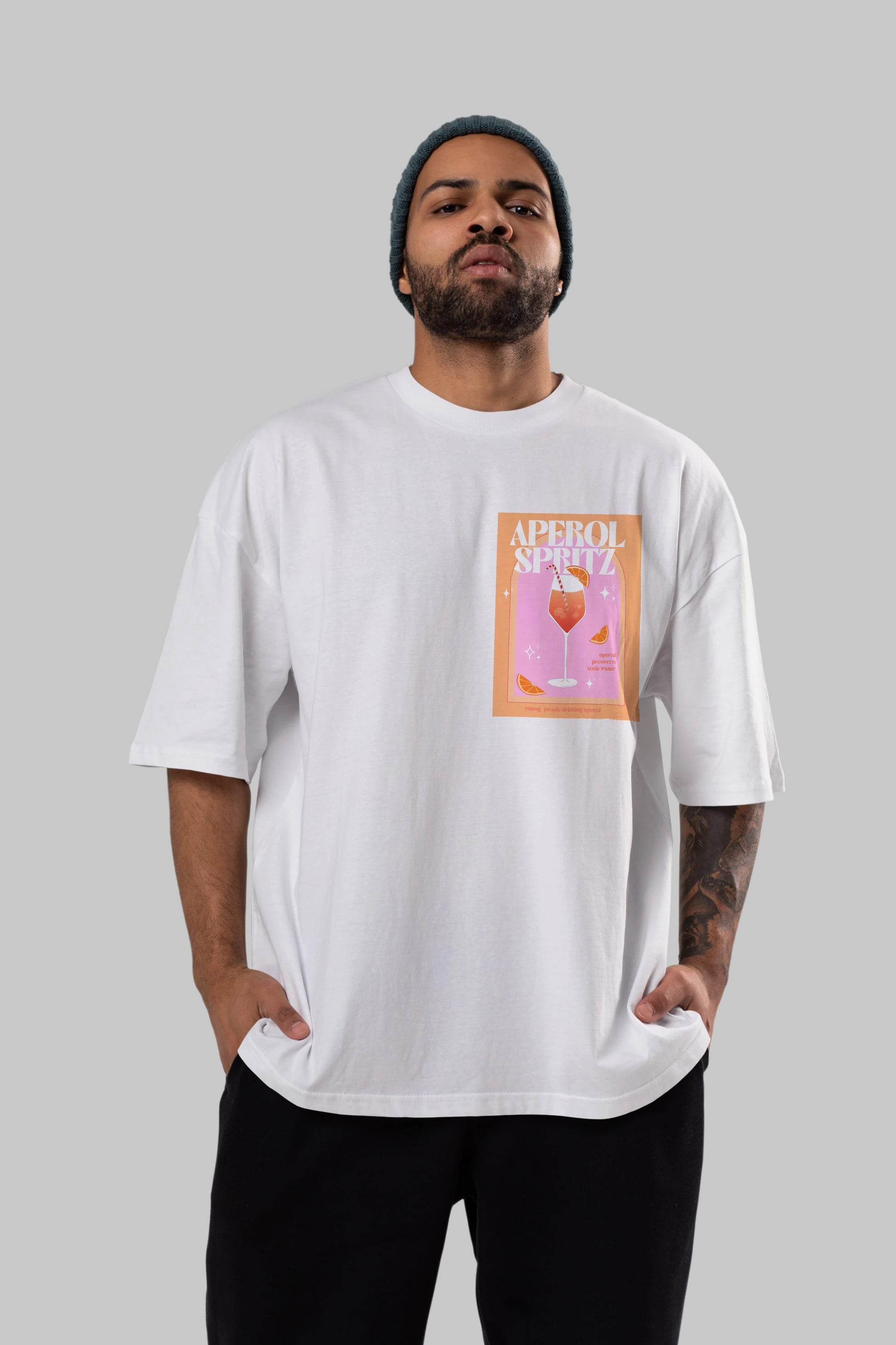 Aperol Spritz 2 Ön Sol Baskılı Oversize t-shirt Erkek Kadın Unisex %100 Pamuk Bisiklet Yaka tişort