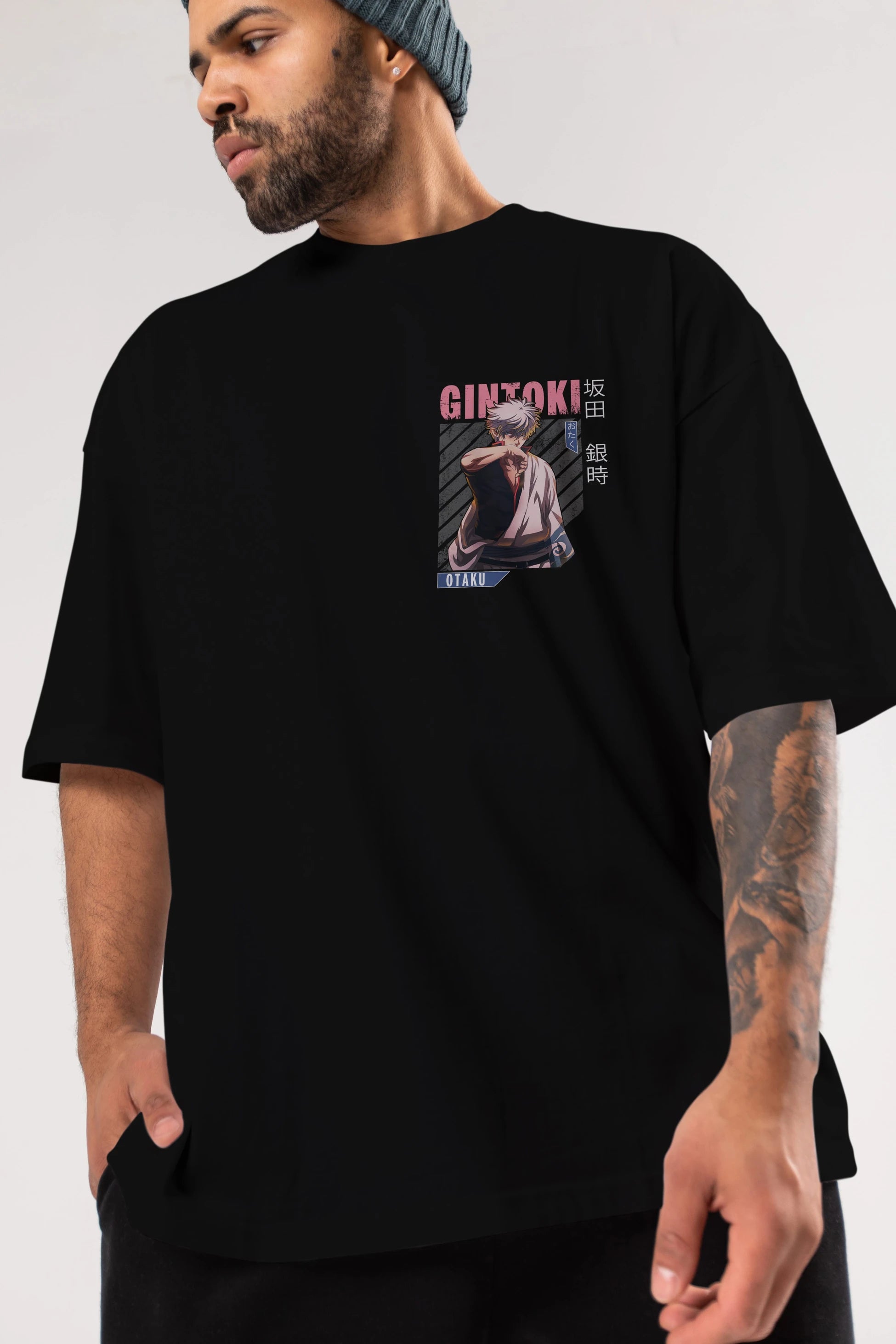 Gintoki Sakata Ön Sol Baskılı Oversize t-shirt Erkek Kadın Unisex %100 Pamuk Bisiklet Yaka tişort