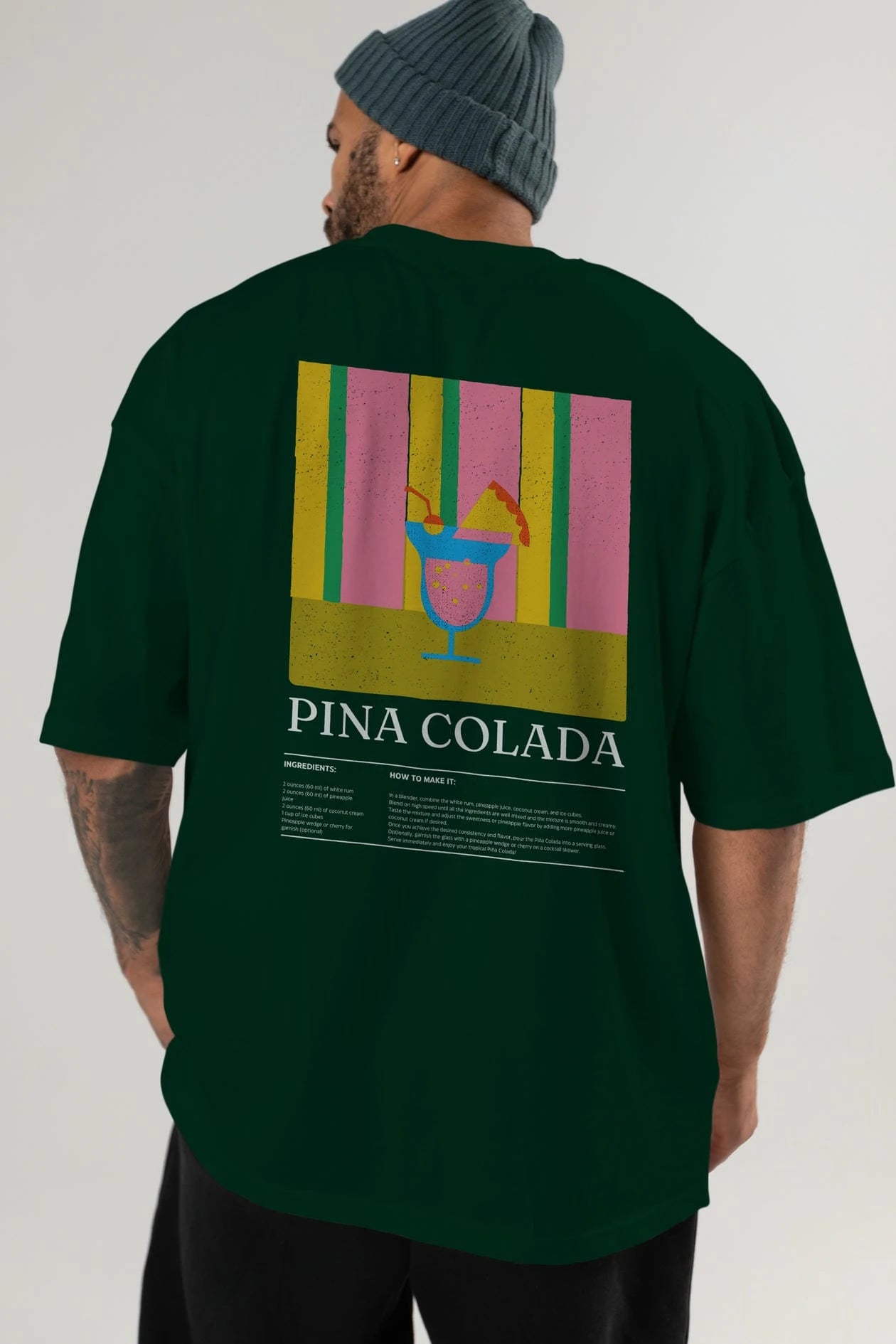Pina Colada Kokteyl Serisi Arka Baskılı Oversize t-shirt Erkek Kadın %100 Pamuk Bisiklet Yaka tişort
