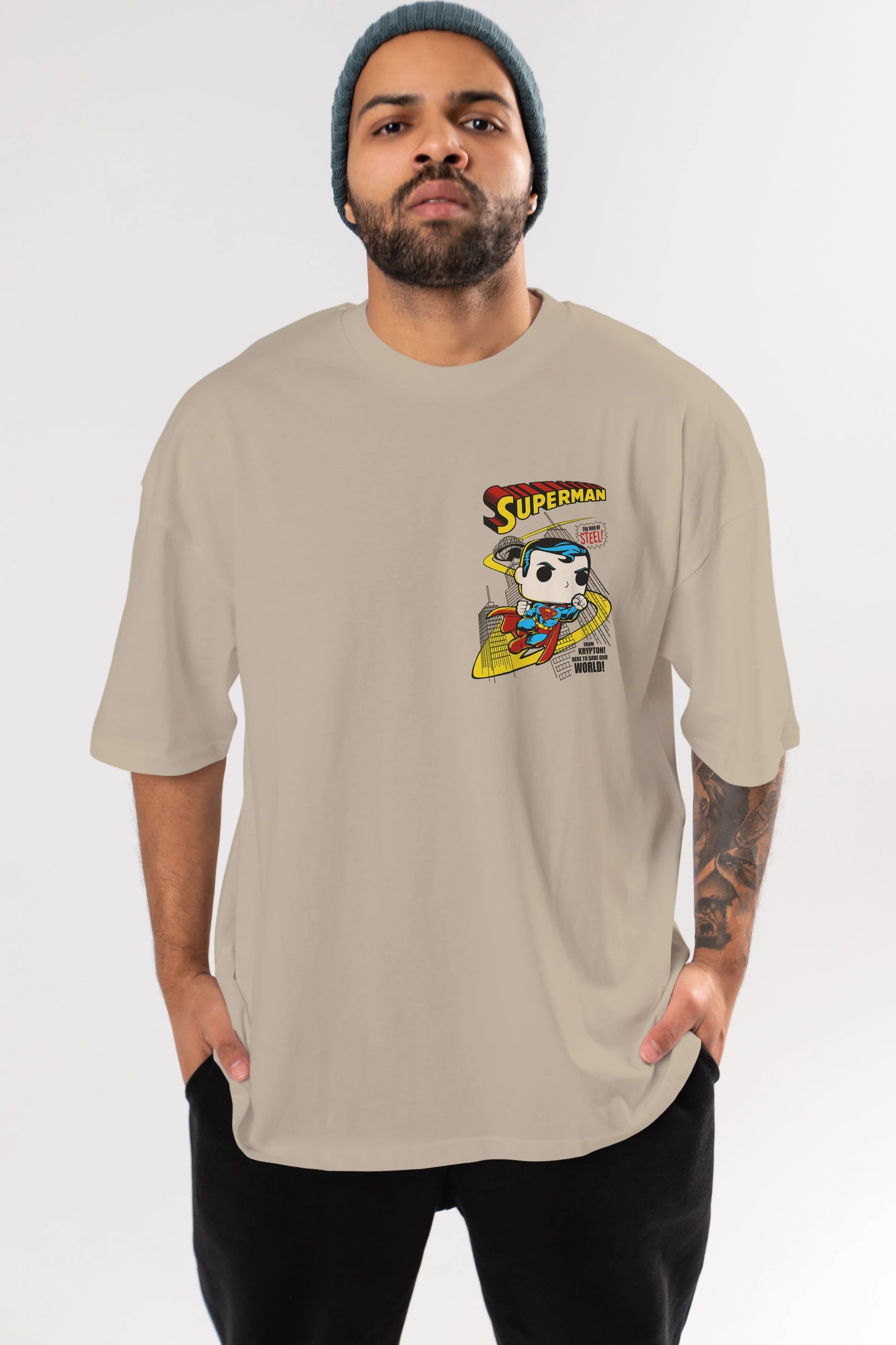 Superman (2) Ön Sol Baskılı Oversize t-shirt Erkek Kadın Unisex %100 Pamuk Bisiklet Yaka tişort