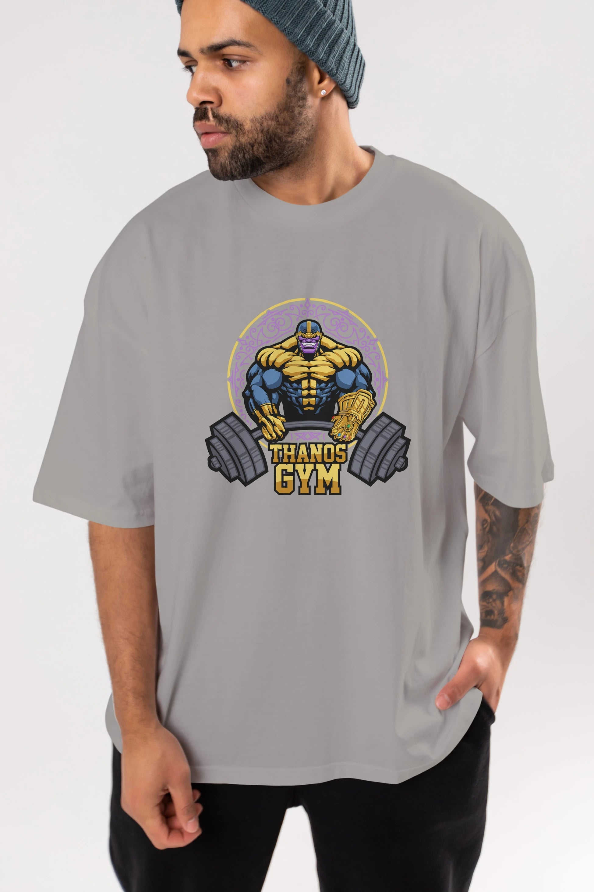 Thanos GYM Ön Baskılı Oversize t-shirt Erkek Kadın Unisex %100 Pamuk Bisiklet Yaka tişort