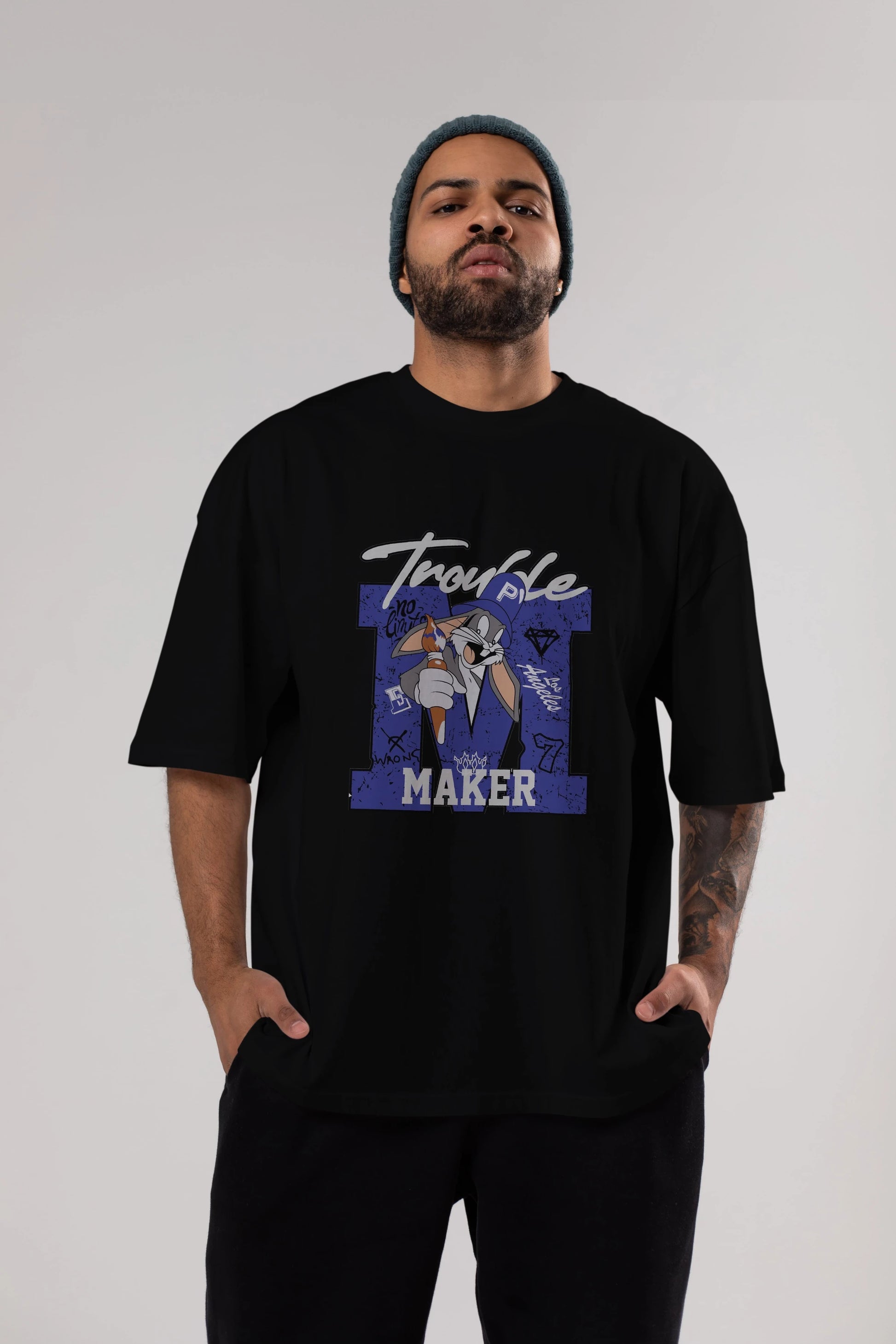 Bugs Bunny Ön Baskılı Oversize t-shirt Erkek Kadın Unisex %100 Pamuk Bisiklet Yaka tişort