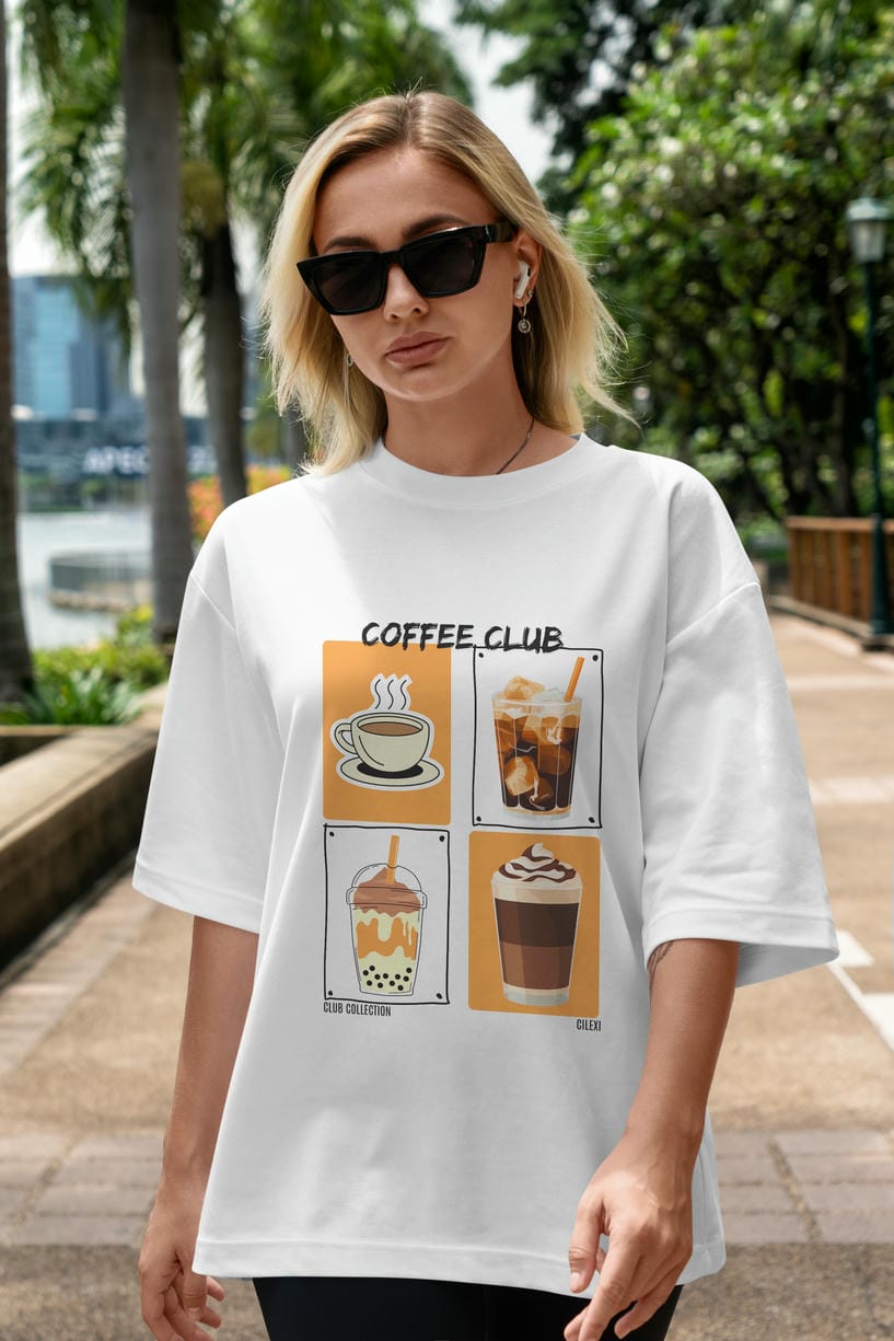 Coffee Club ön Baskılı Oversize t-shirt Erkek Kadın %100 Pamuk Bisiklet Yaka tişort