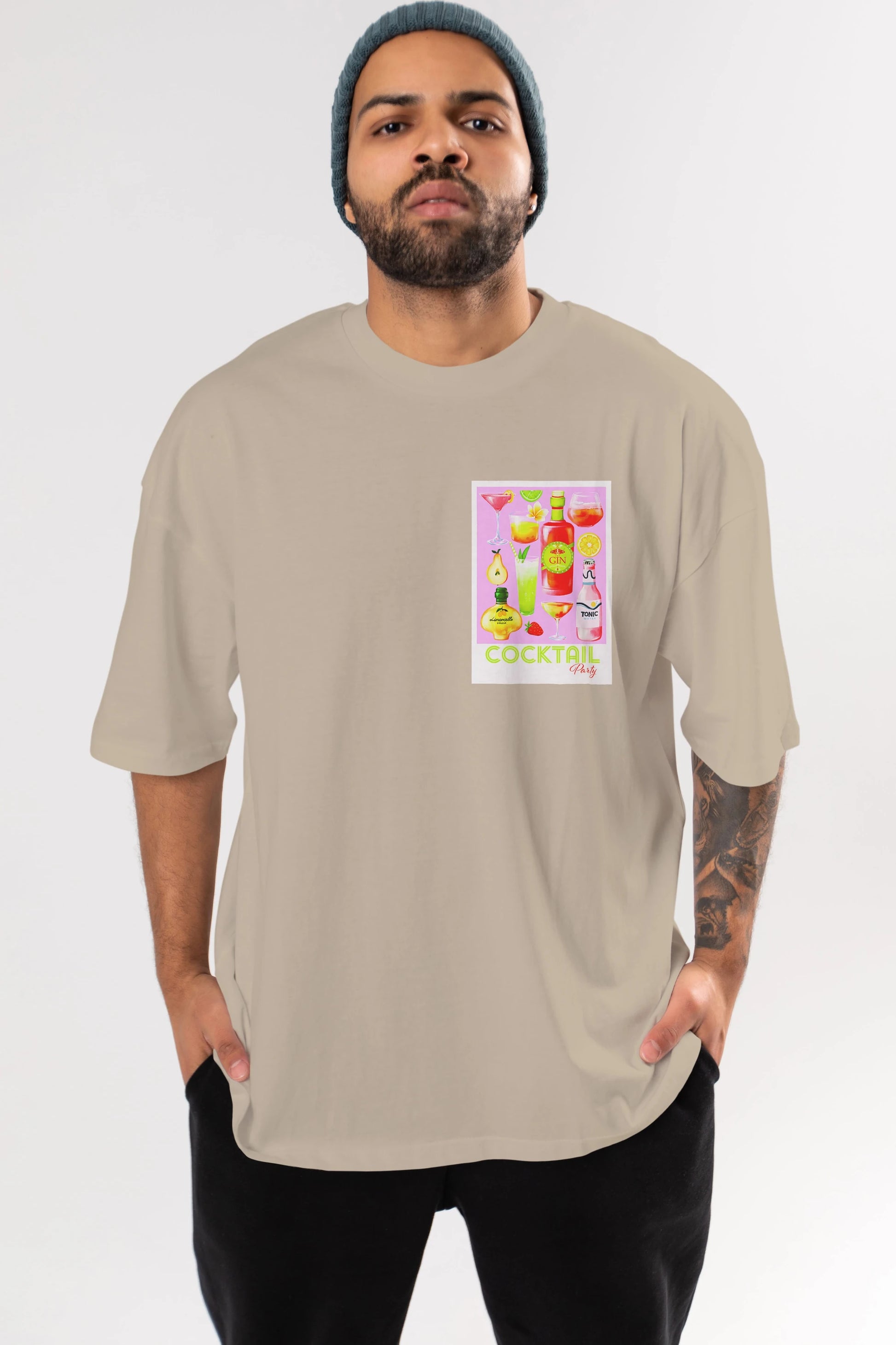 Cocktail Party Ön Sol Baskılı Oversize t-shirt Erkek Kadın Unisex %100 Pamuk Bisiklet Yaka tişort