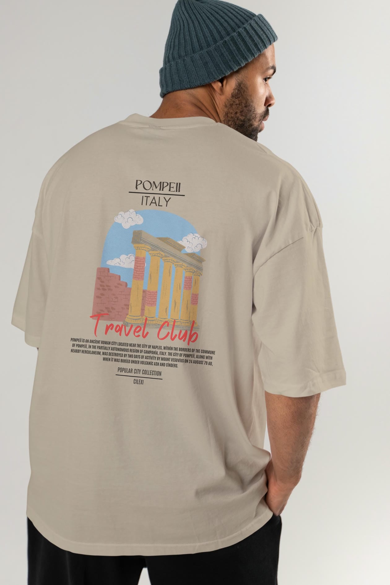 Pompeii İtaly Arka Baskılı Oversize t-shirt Erkek Kadın Pamuk Bisiklet Yaka tişort