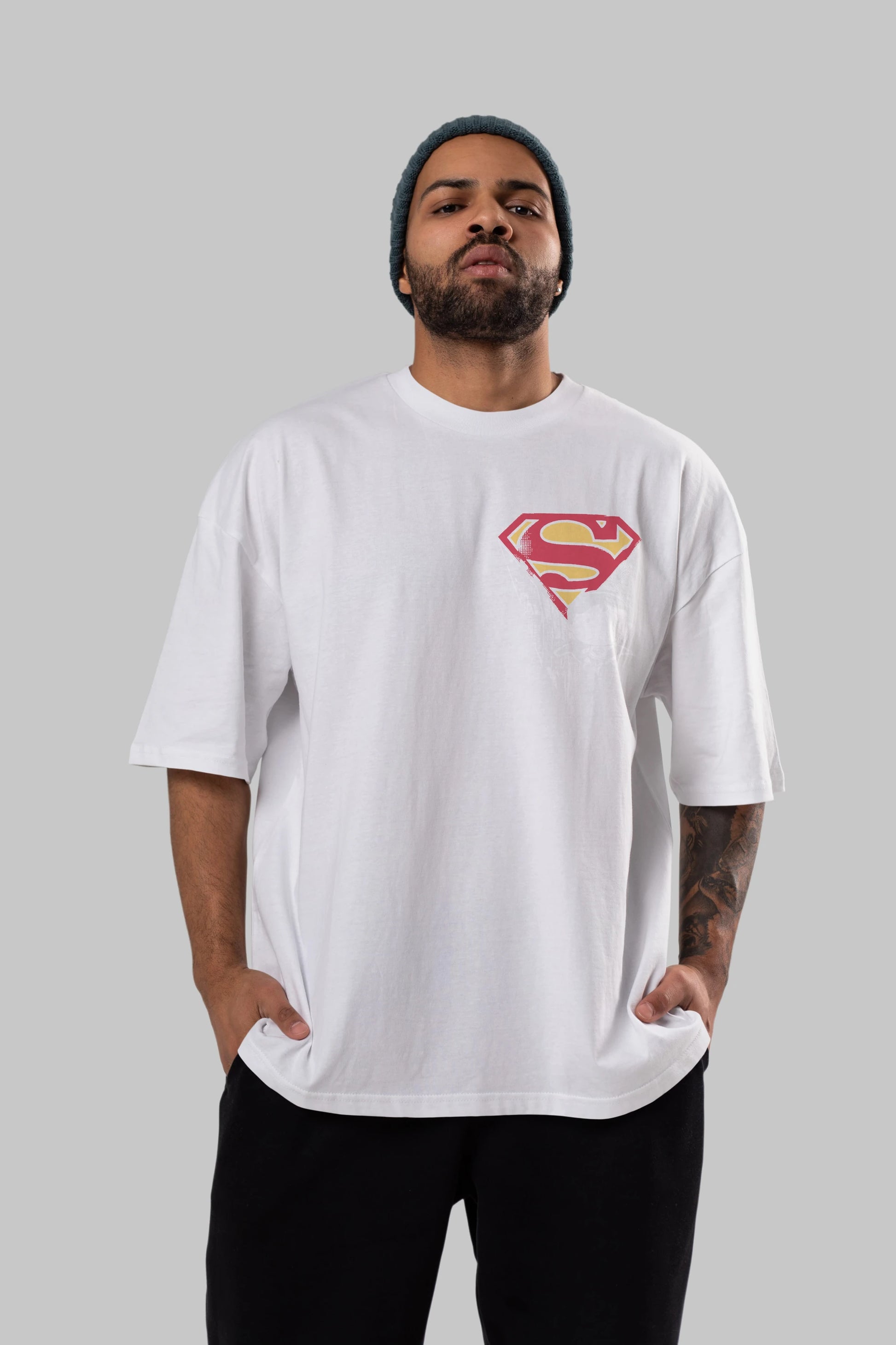Superman Ön Sol Baskılı Oversize t-shirt Erkek Kadın Unisex %100 Pamuk Bisiklet Yaka tişort