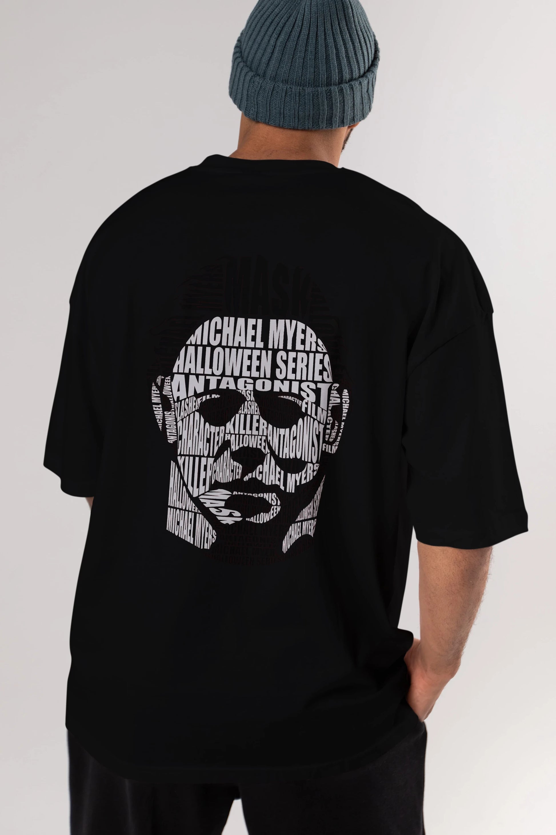 Michael Myers Calligram Arka Baskılı Oversize t-shirt %100 pamuk Erkek Kadın Unisex
