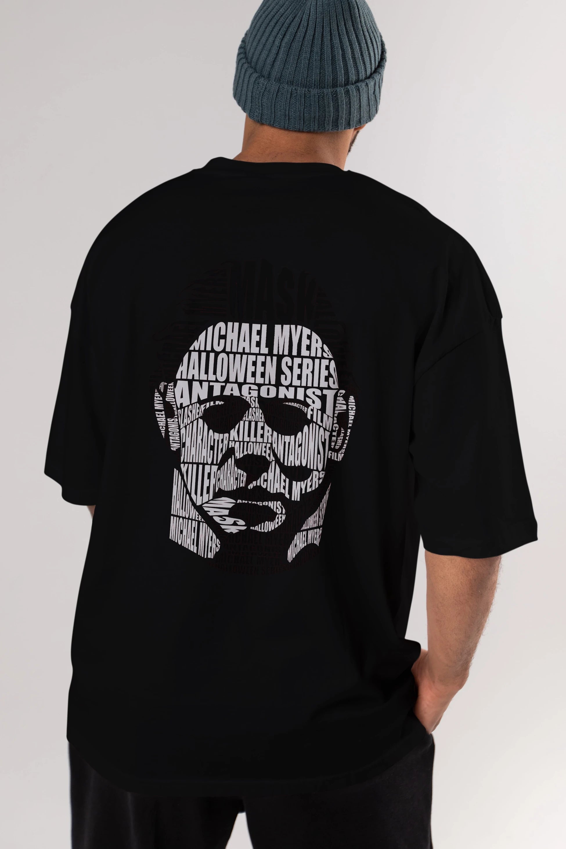 Michael Myers Calligram Arka Baskılı Oversize t-shirt %100 pamuk Erkek Kadın Unisex