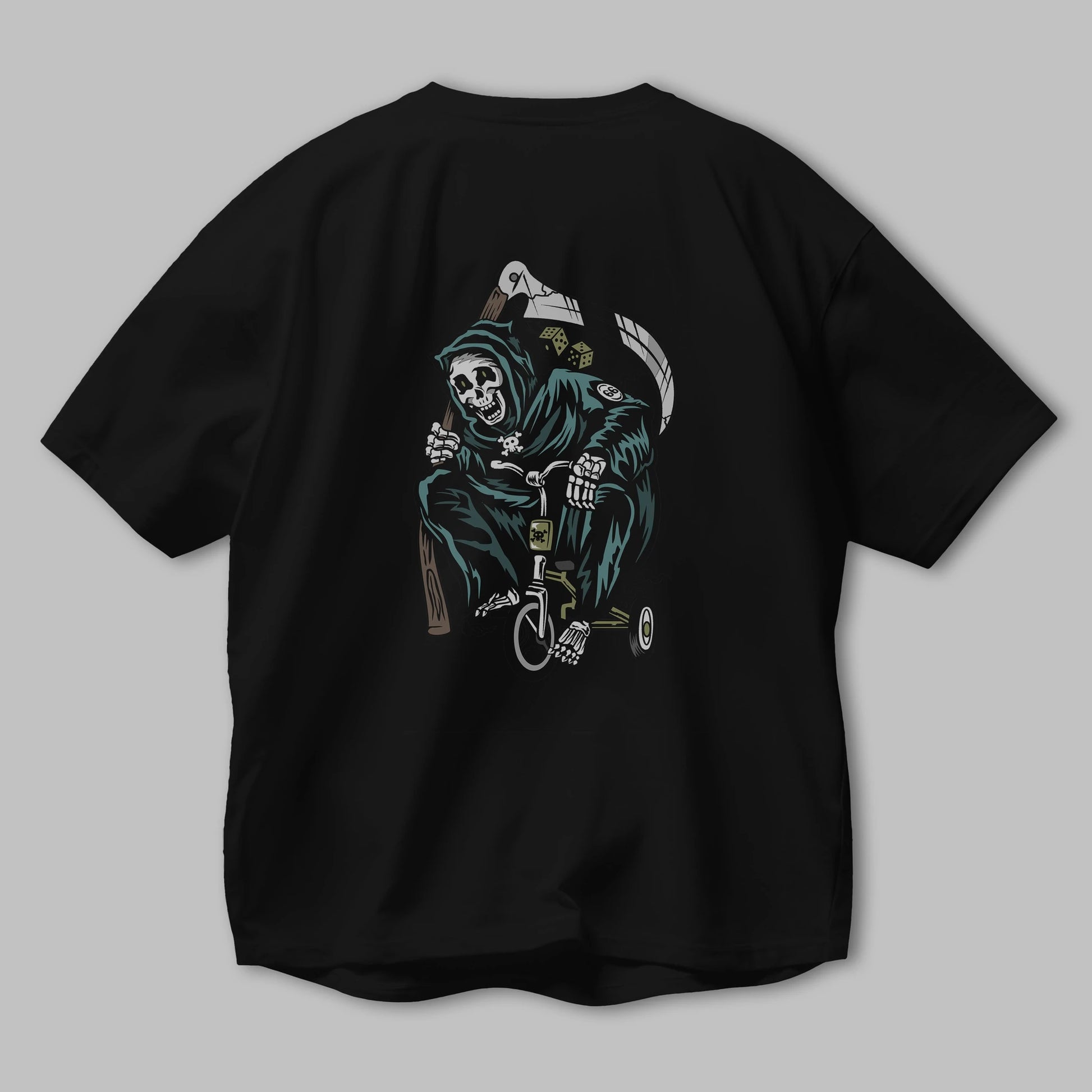 Grim Reaper Bicycle Arka Baskılı Oversize t-shirt Erkek Kadın Unisex %100 Pamuk tişort