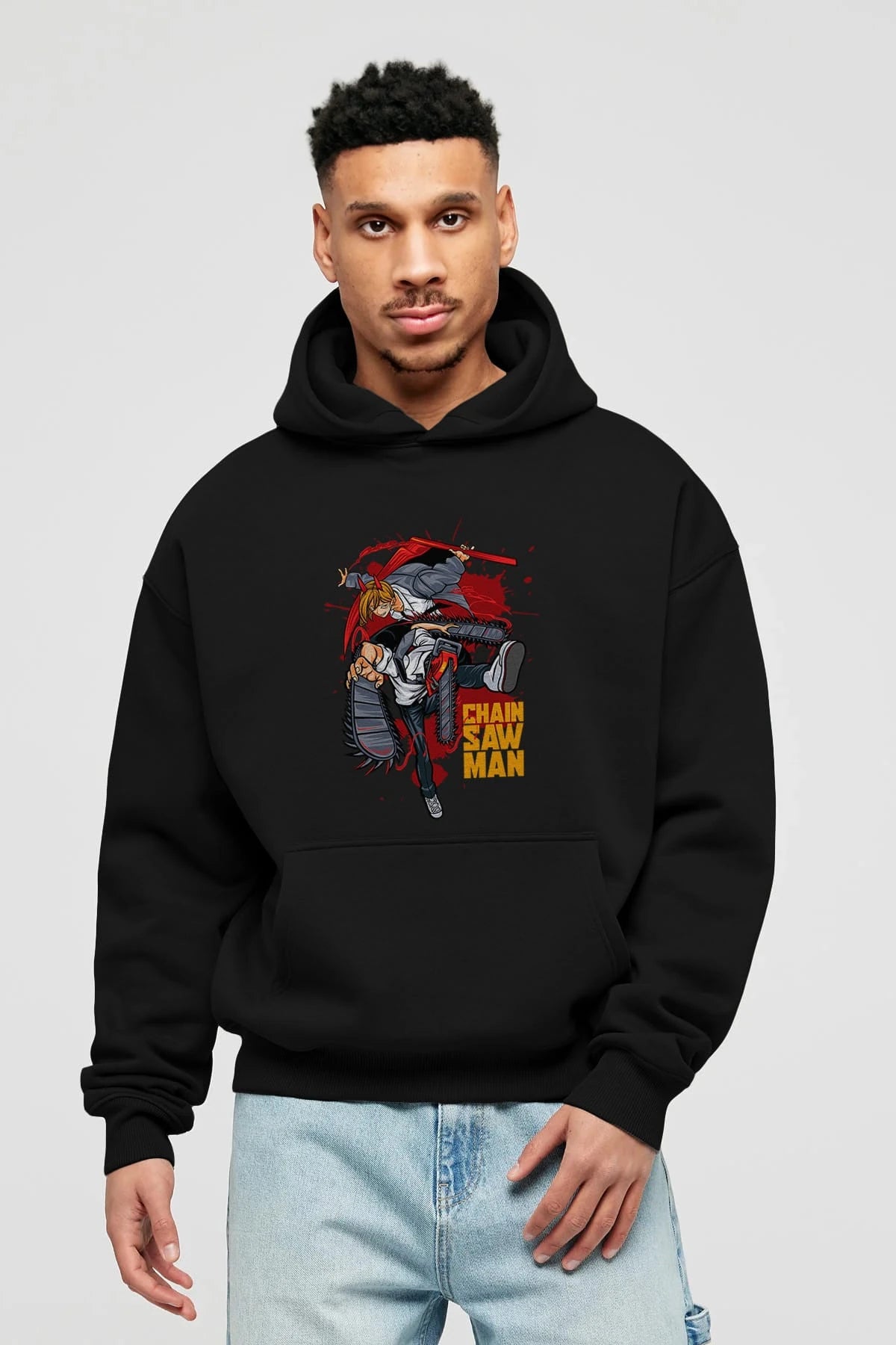 DENJI and POWER Anime Ön Baskılı Hoodie Oversize Kapüşonlu Sweatshirt Erkek Kadın Unisex