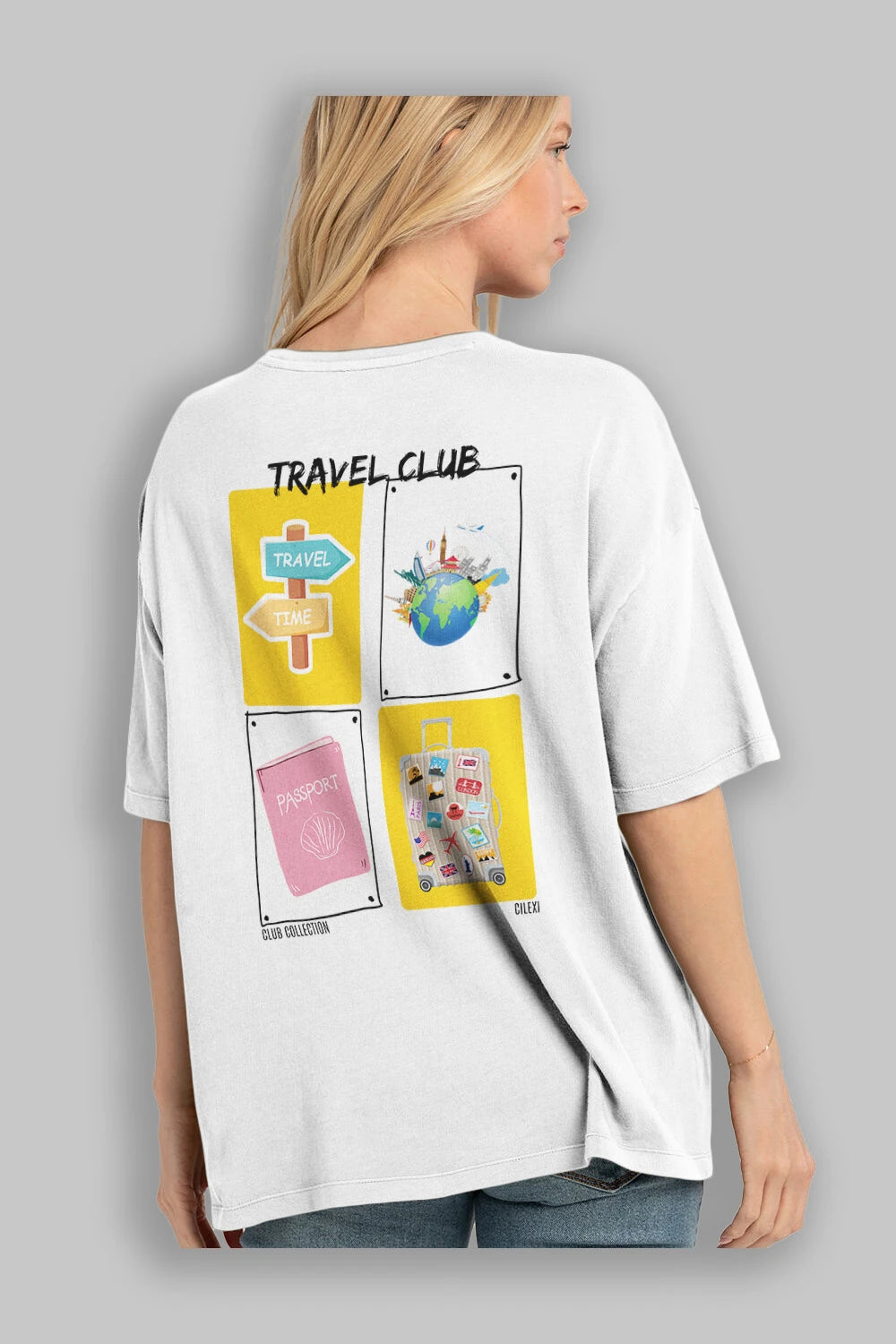 Travel Club Arka Baskılı Oversize t-shirt Erkek Kadın %100 Pamuk Bisiklet Yaka tişort