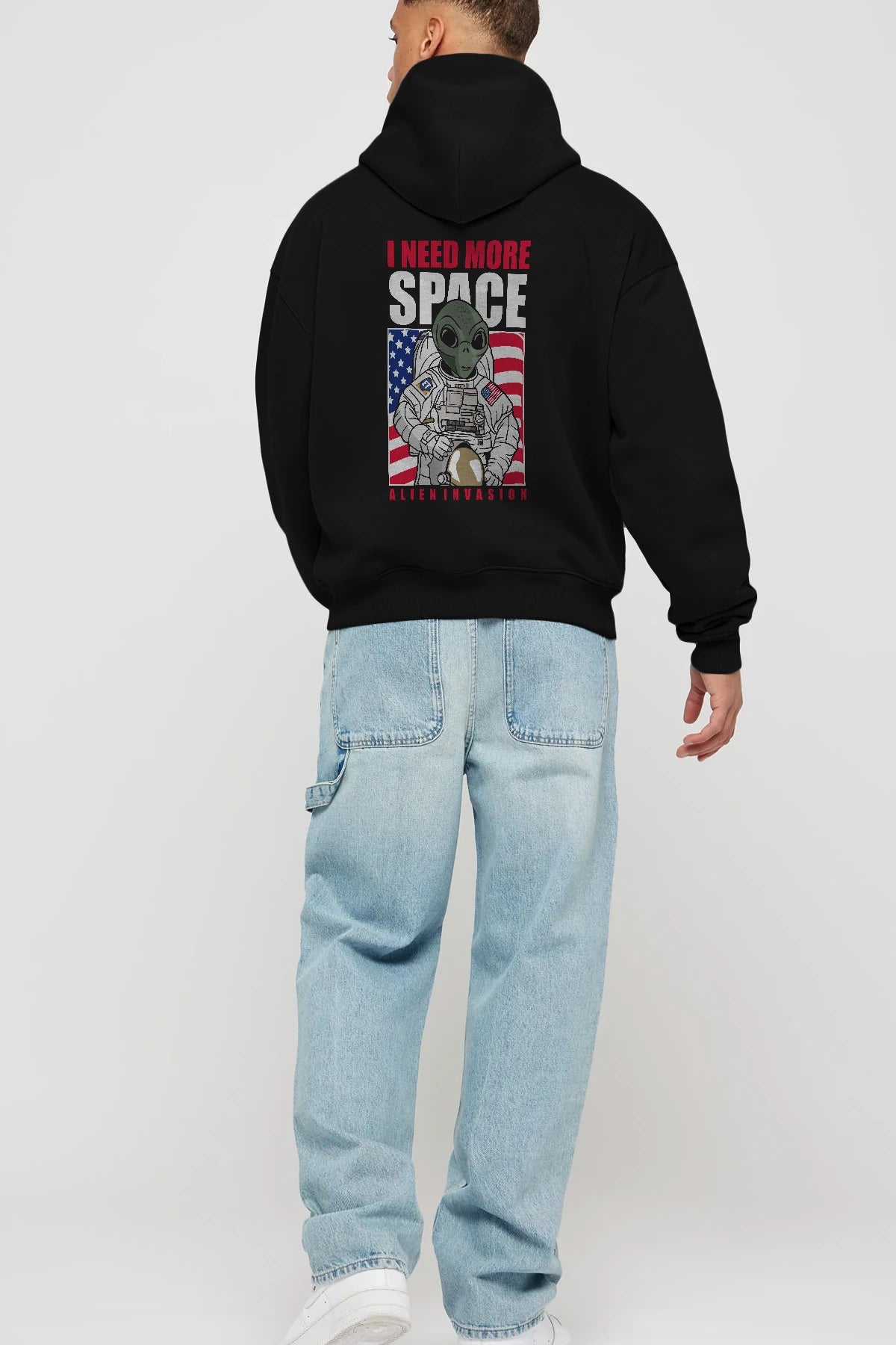 Alien Astronaut Arka Baskılı Hoodie Oversize Kapüşonlu Sweatshirt Erkek Kadın Unisex