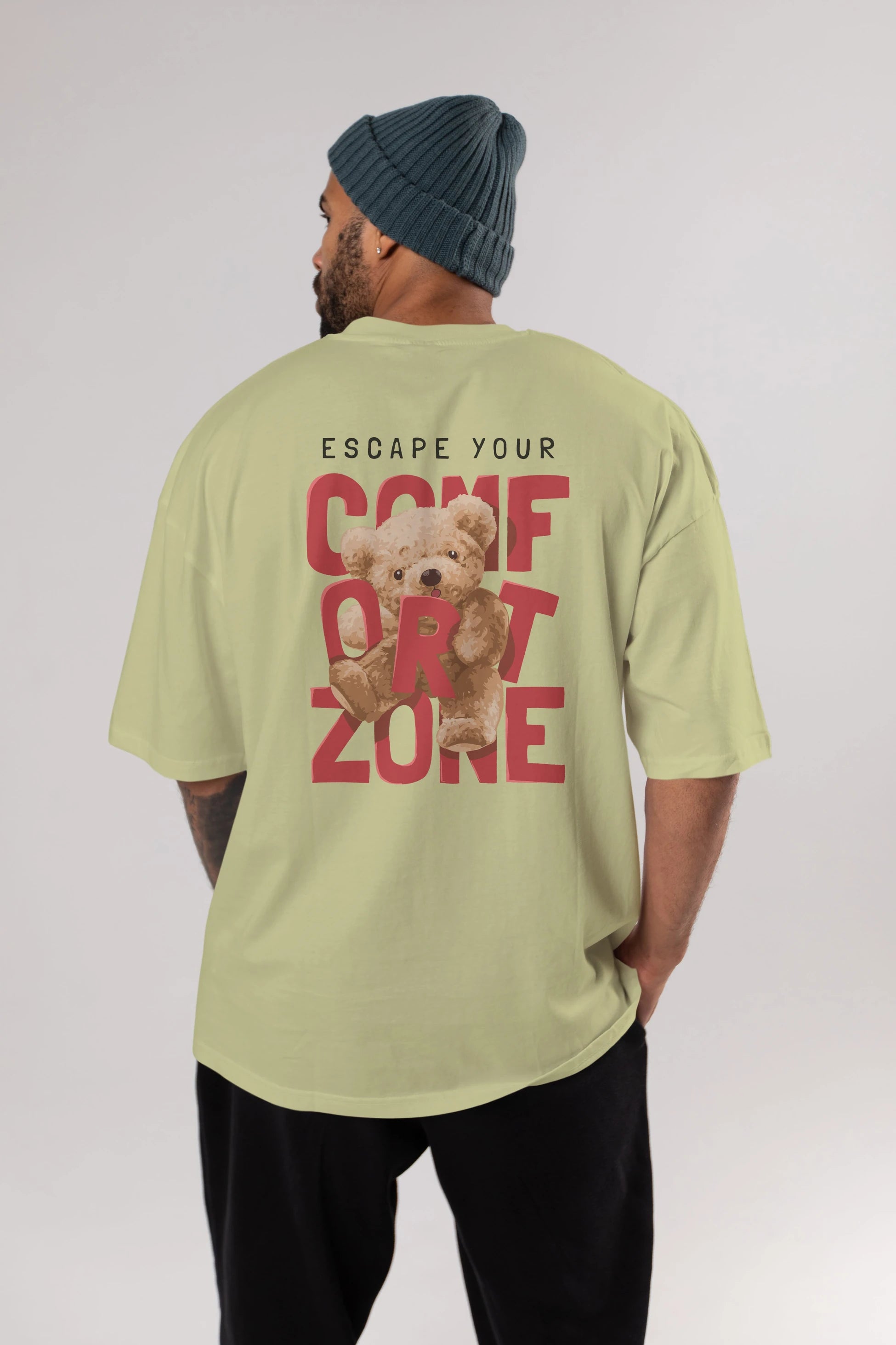Teddy Bear Escape Comfort Zone Arka Baskılı Oversize t-shirt Erkek Kadın Unisex %100 Pamuk