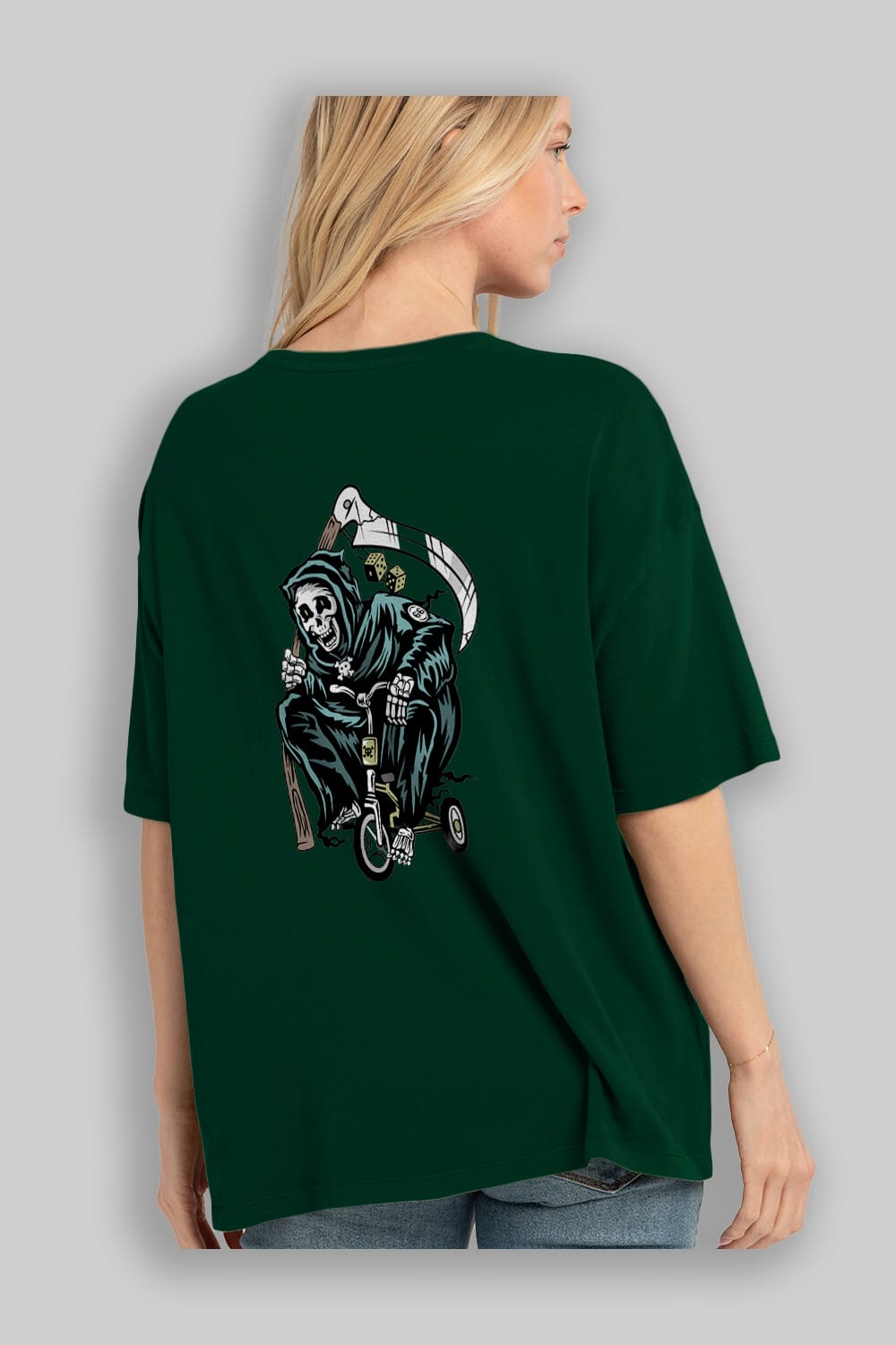 Grim Reaper Bicycle Arka Baskılı Oversize t-shirt Erkek Kadın Unisex %100 Pamuk tişort