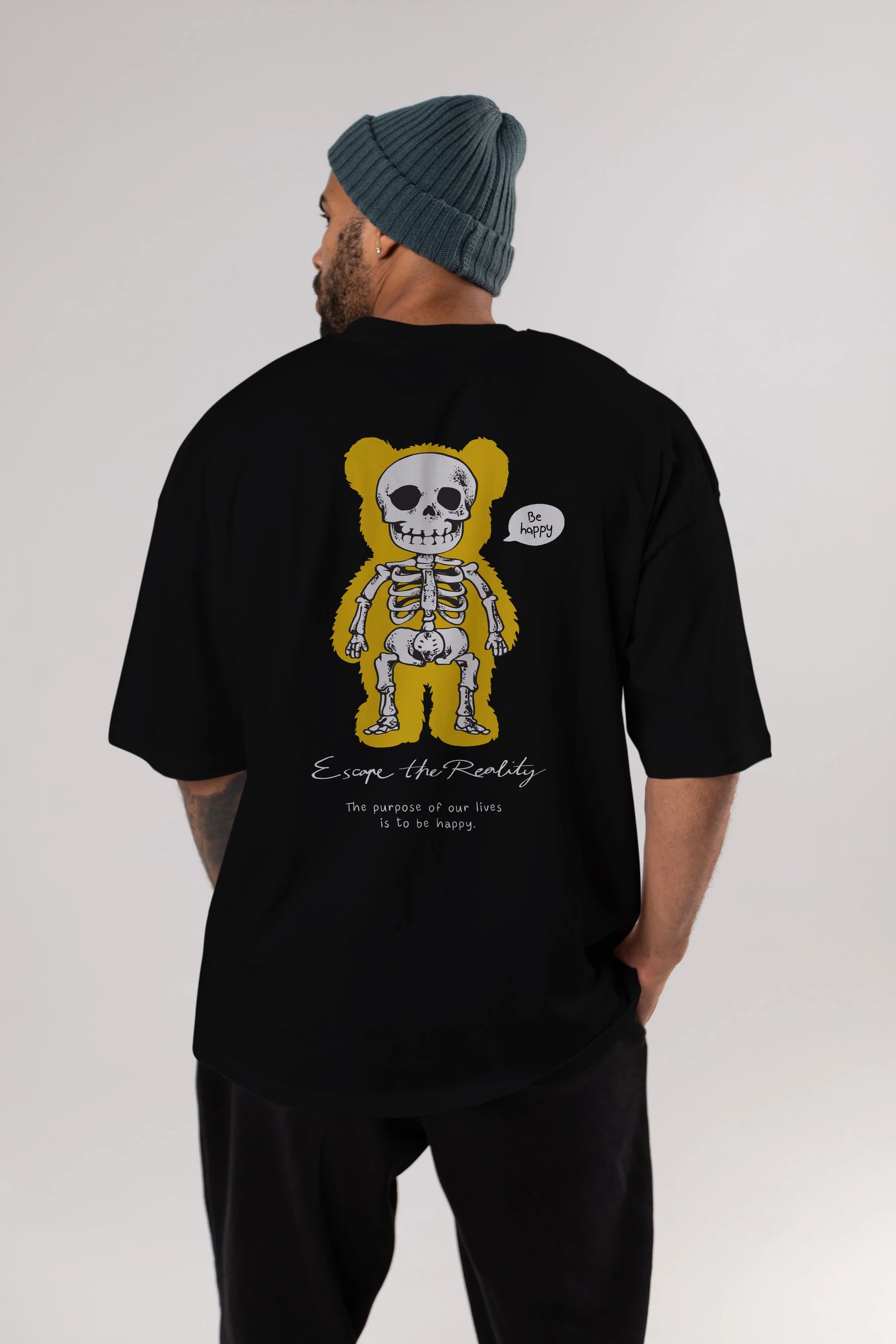 Be Happy Bear Arka Baskılı Oversize t-shirt Erkek Kadın Unisex
