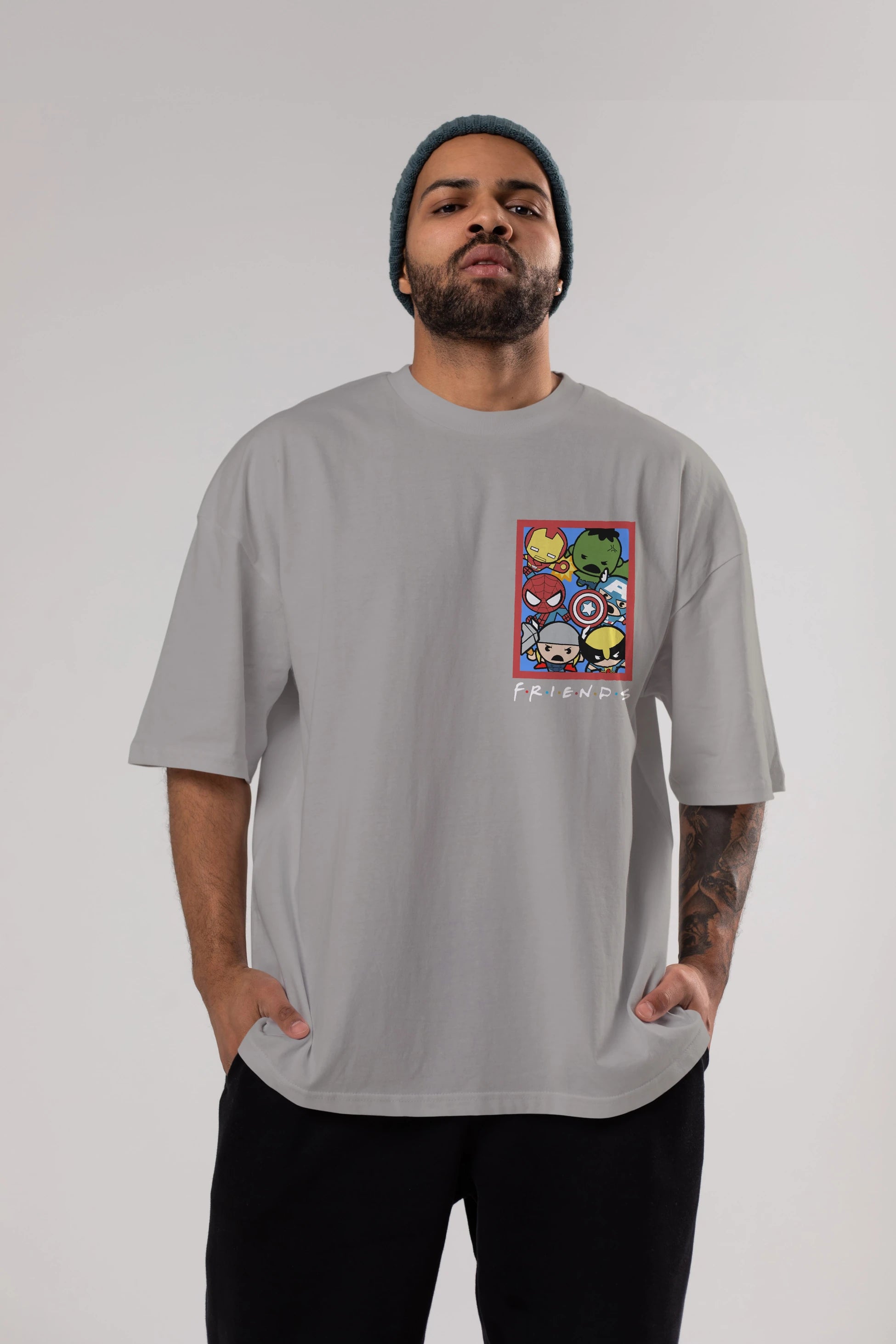 Friends Avenger Ön Sol Baskılı Oversize t-shirt Erkek Kadın Unisex %100 Pamuk Bisiklet Yaka tişort