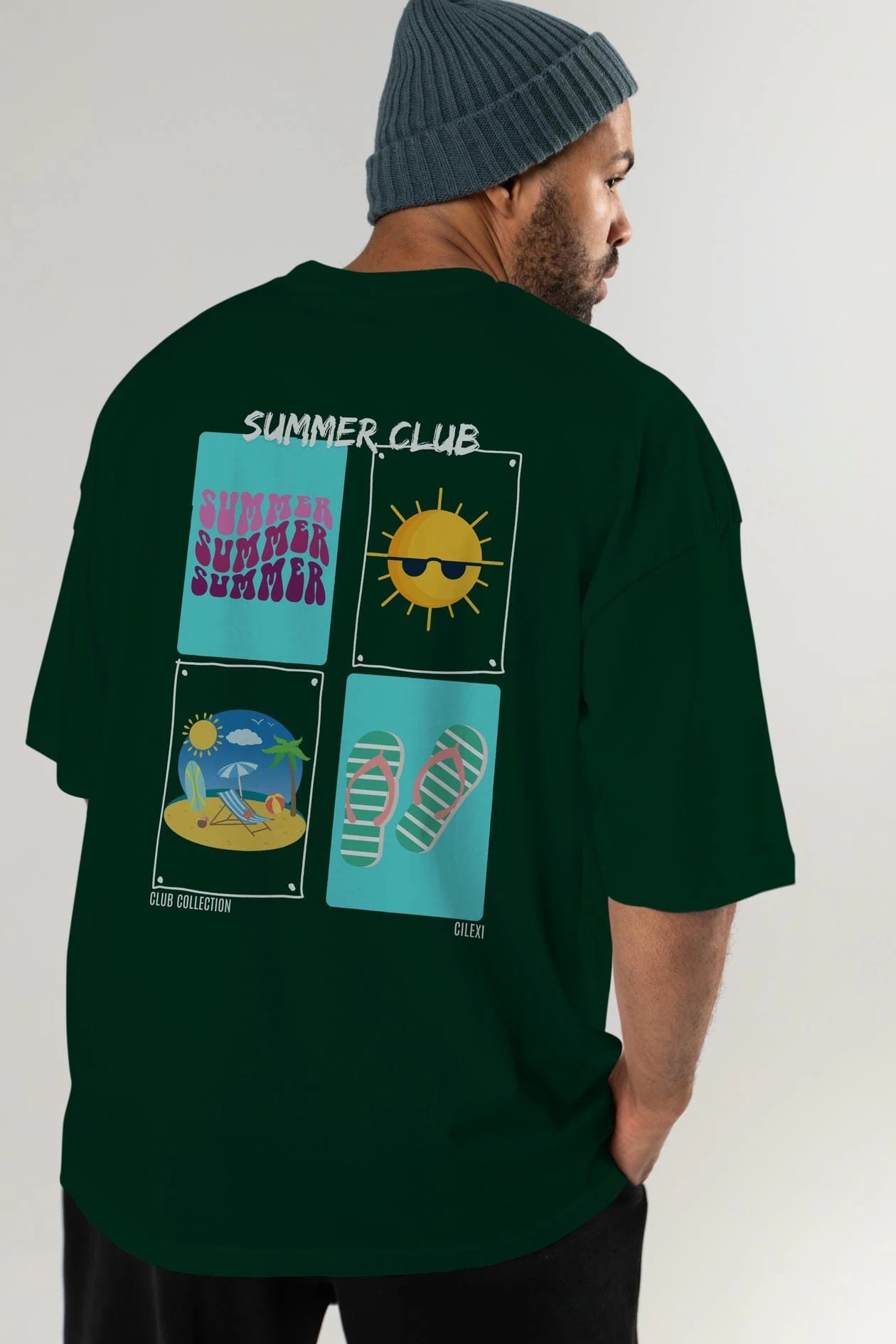 Summer Club Arka Baskılı Oversize t-shirt Erkek Kadın %100 Pamuk Bisiklet Yaka tişort