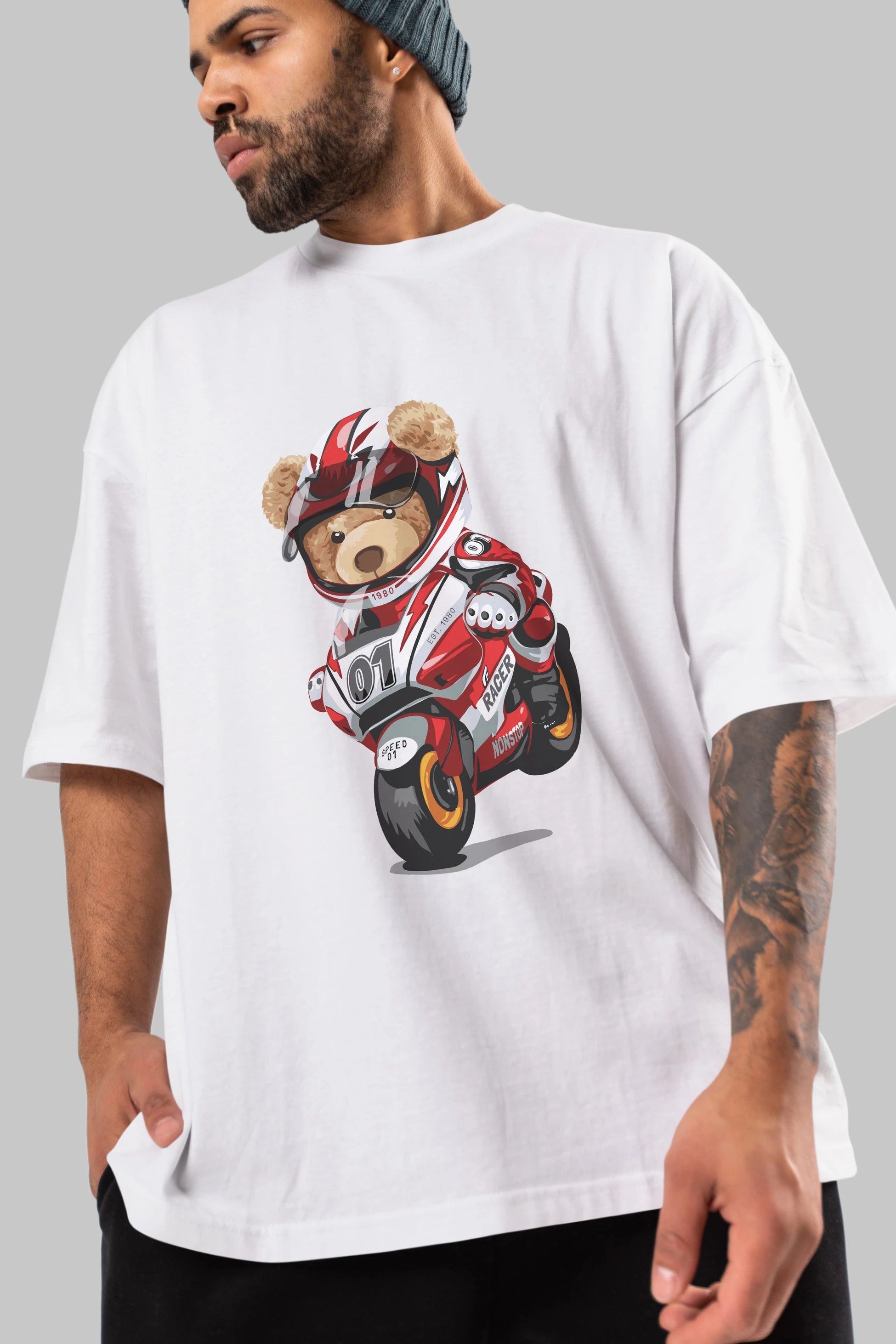 Teddy Bear Racer Ön Baskılı Oversize t-shirt Erkek Kadın Unisex %100 Pamuk