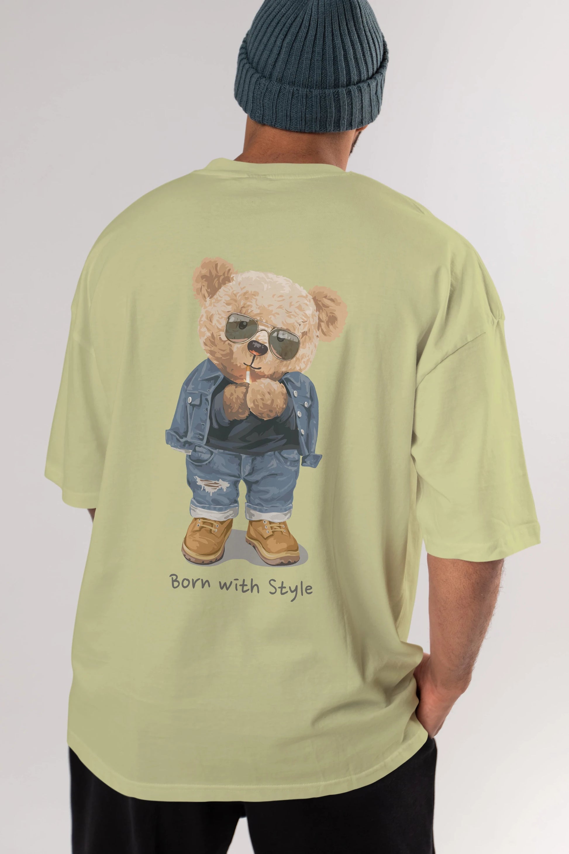 Teddy Bear Born With Style Arka Baskılı Oversize t-shirt Erkek Kadın Unisex %100 Pamuk