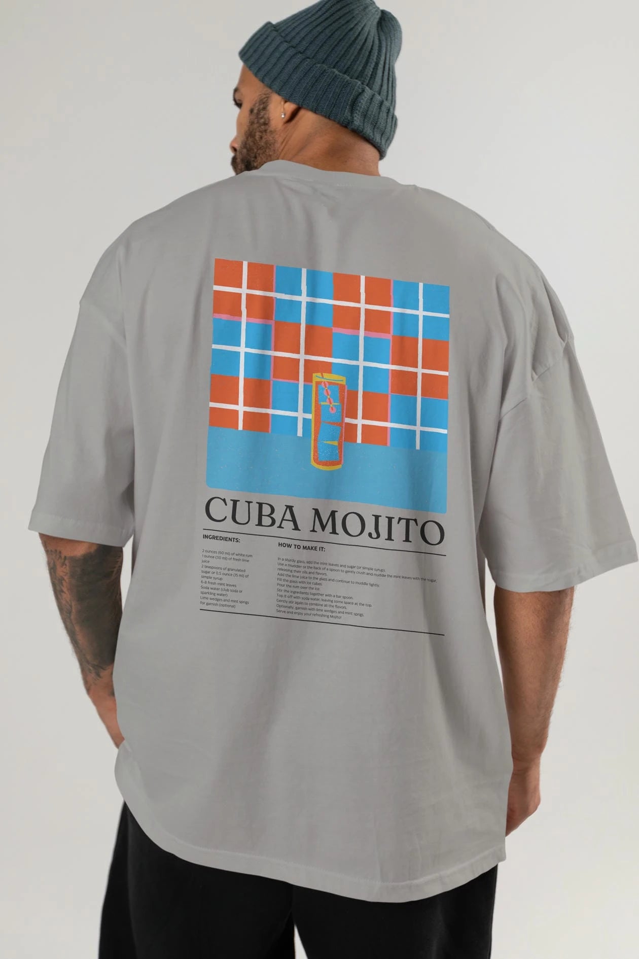 Cuba Mojıto Kokteyl Serisi Arka Baskılı Oversize t-shirt Erkek Kadın %100 Pamuk Bisiklet Yaka tişort