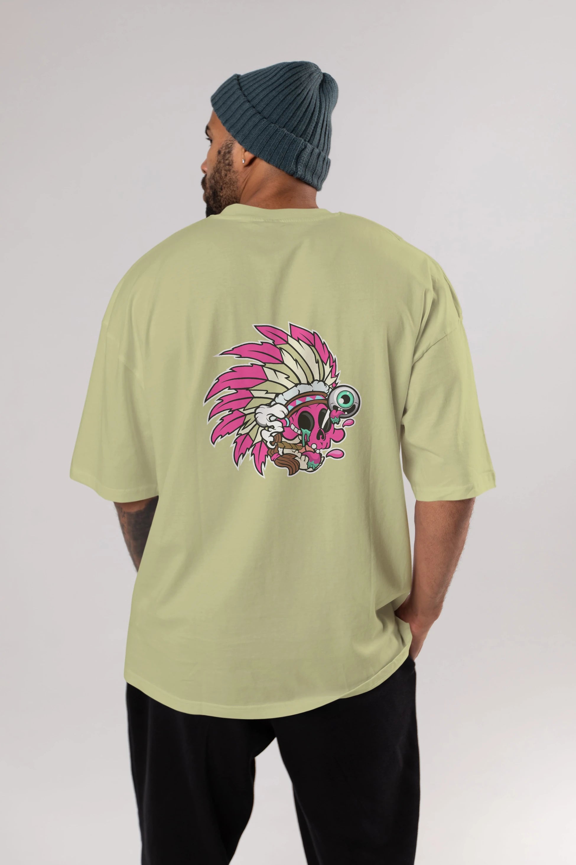 Skull Indian Arka Baskılı Oversize t-shirt Erkek Kadın Unisex %100 Pamuk tişort