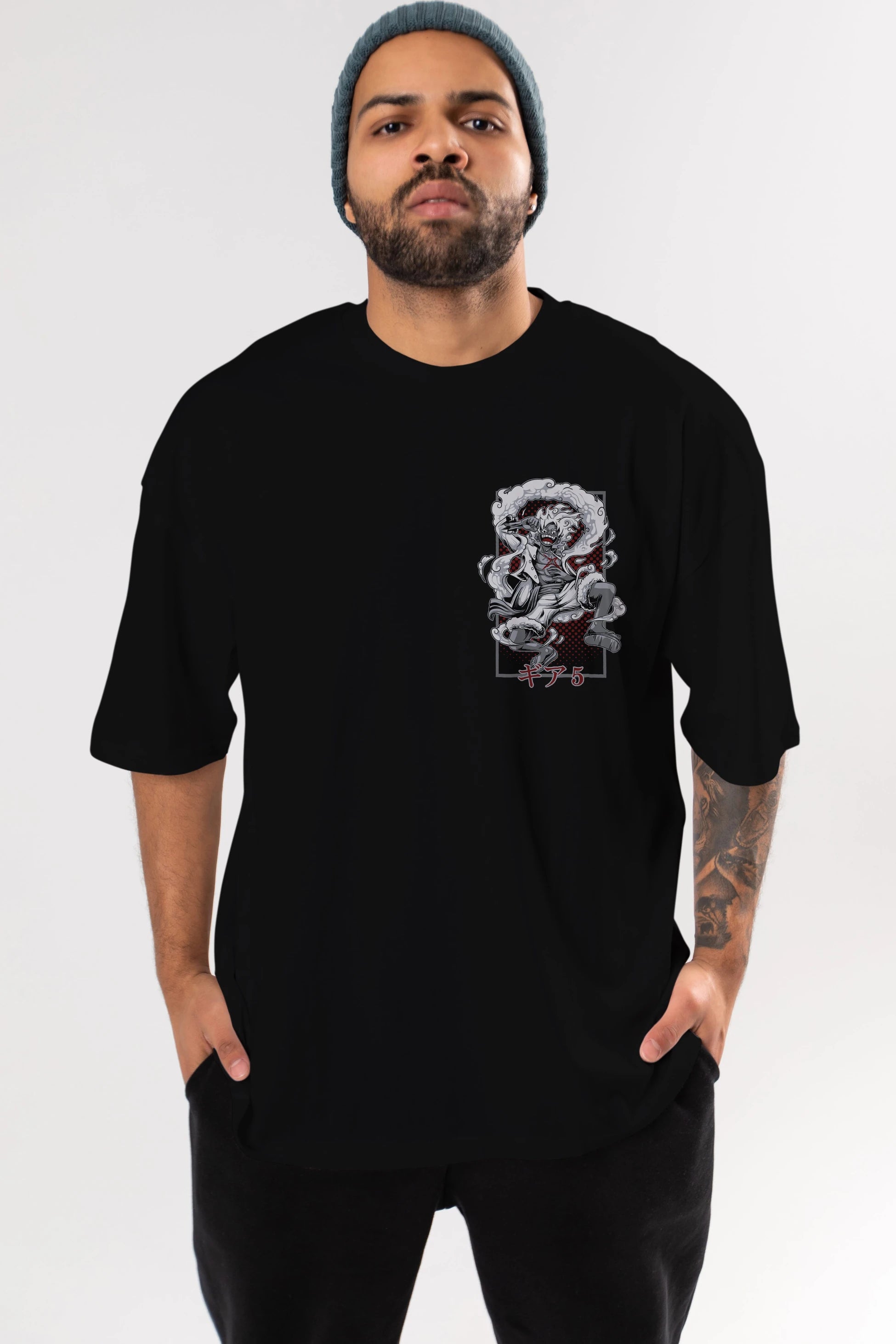 LUFFY GEAR 5 Ön Sol Baskılı Oversize t-shirt Erkek Kadın Unisex %100 Pamuk Bisiklet Yaka tişort