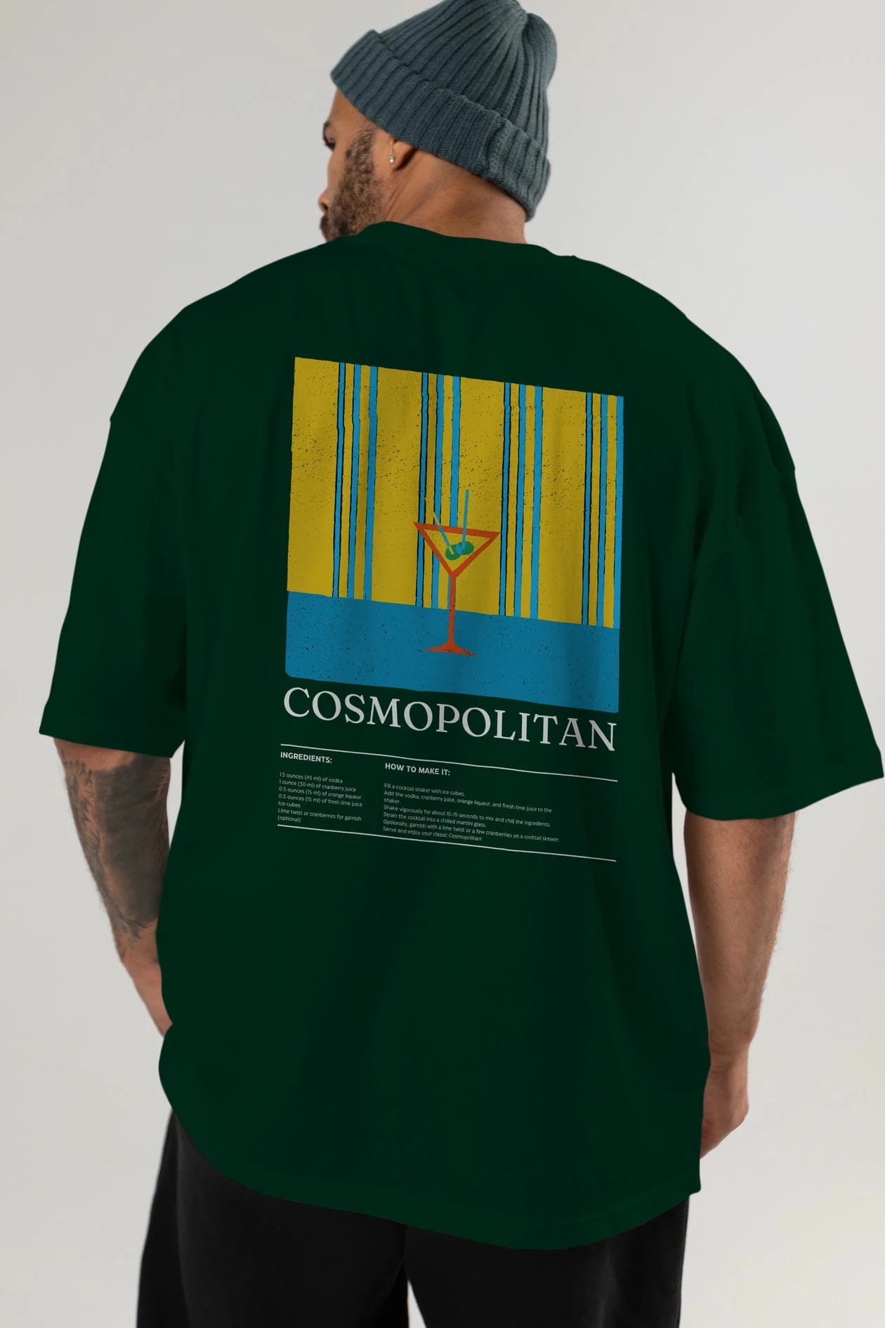 Cosmopolitan Kokteyl Serisi Arka Baskılı Oversize t-shirt Erkek Kadın %100 Pamuk Bisiklet Yaka tişort
