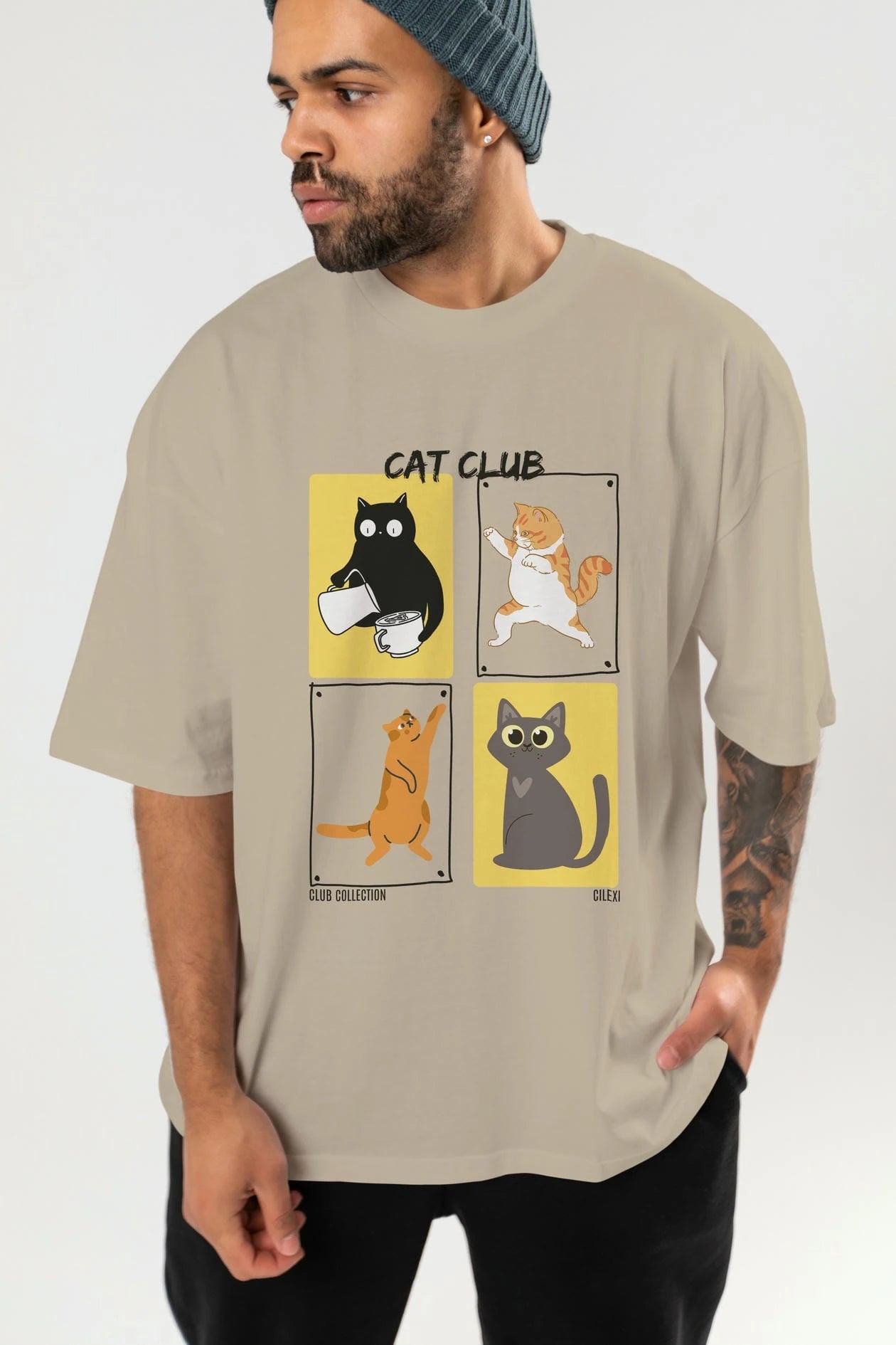 Cat Club ön Baskılı Oversize t-shirt Erkek Kadın %100 Pamuk Bisiklet Yaka tişort