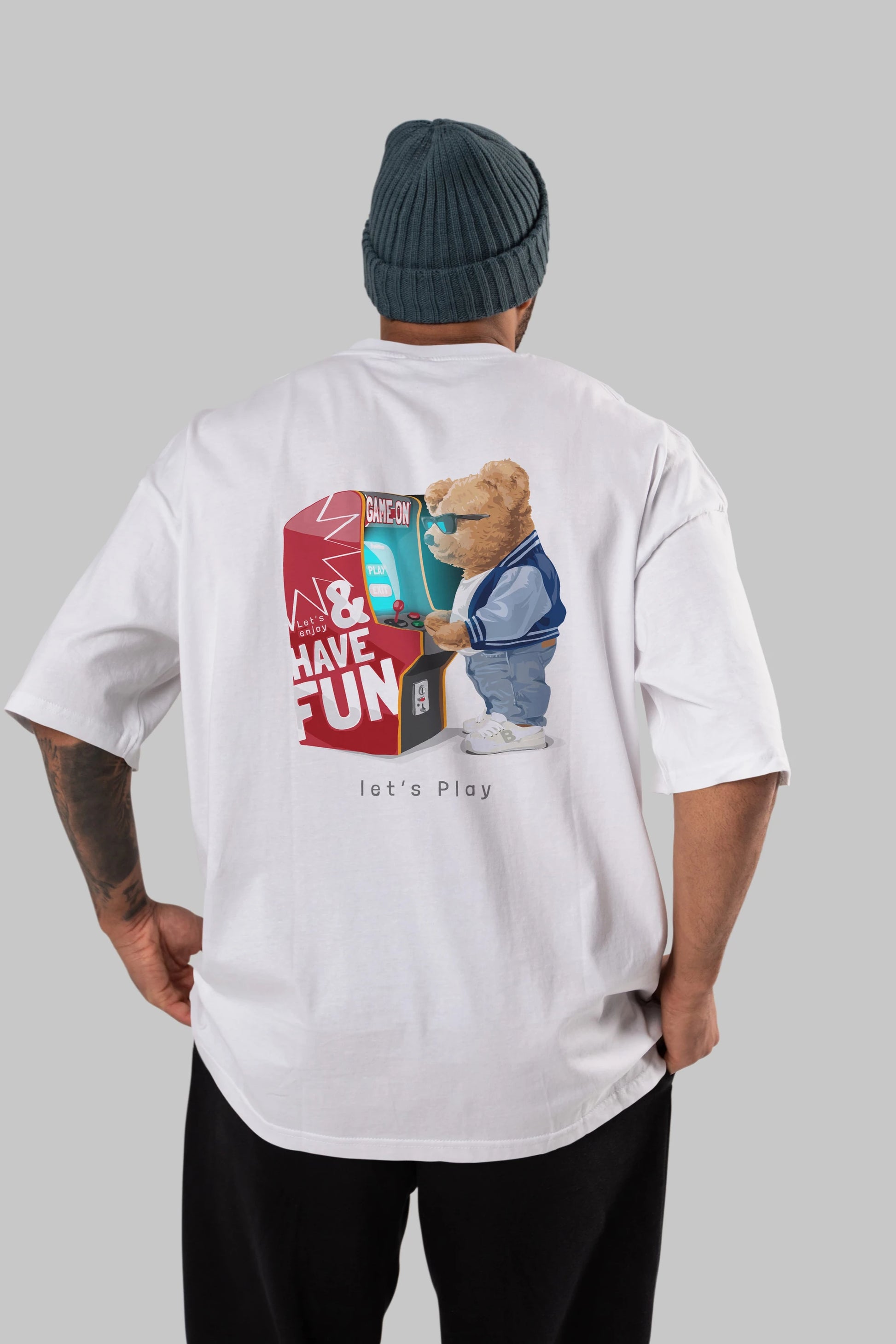 Teddy Bear Lets Play Arka Baskılı Oversize t-shirt Erkek Kadın Unisex %100 Pamuk