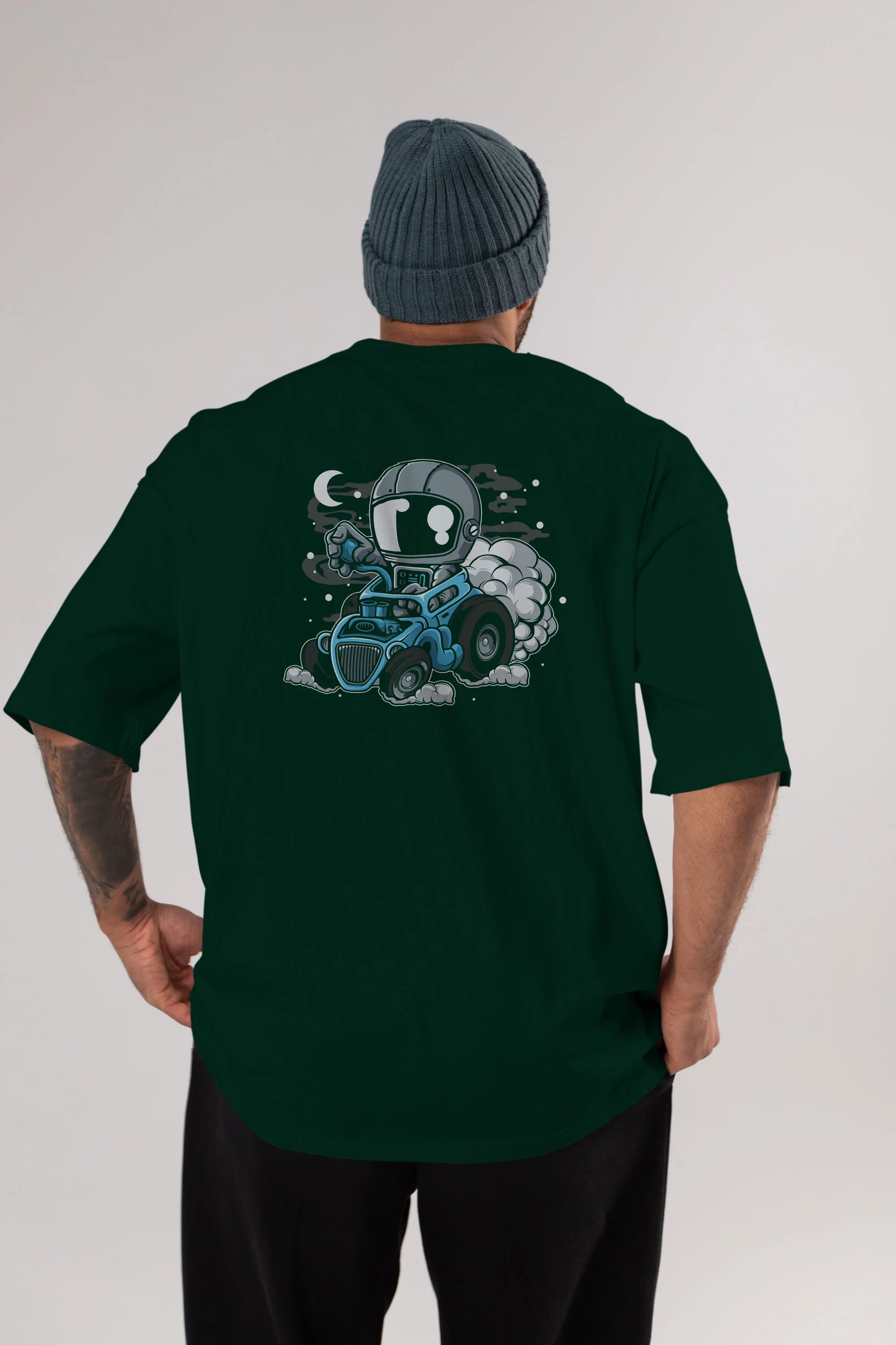 Astronaut Hotrod Arka Baskılı Oversize t-shirt Erkek Kadın Unisex