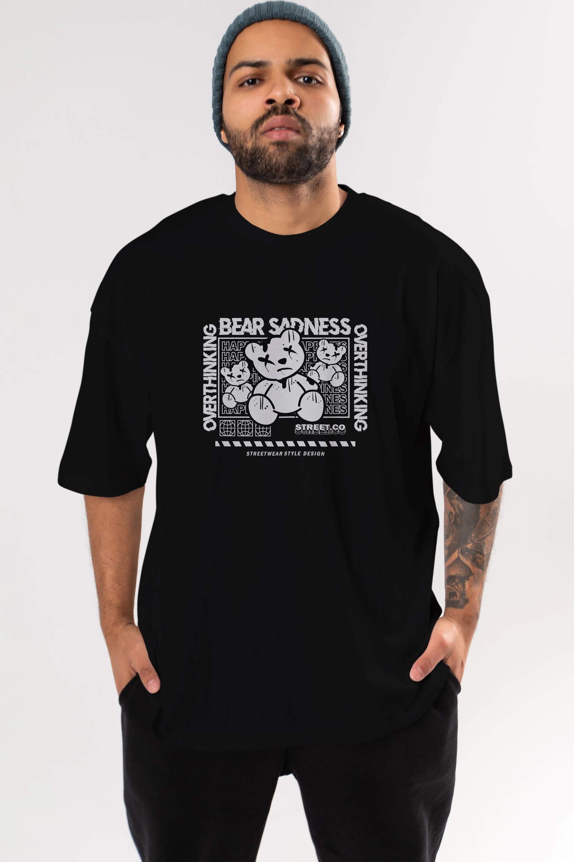 Bear Sadness 2 Ön Baskılı Oversize t-shirt Erkek Kadın Unisex