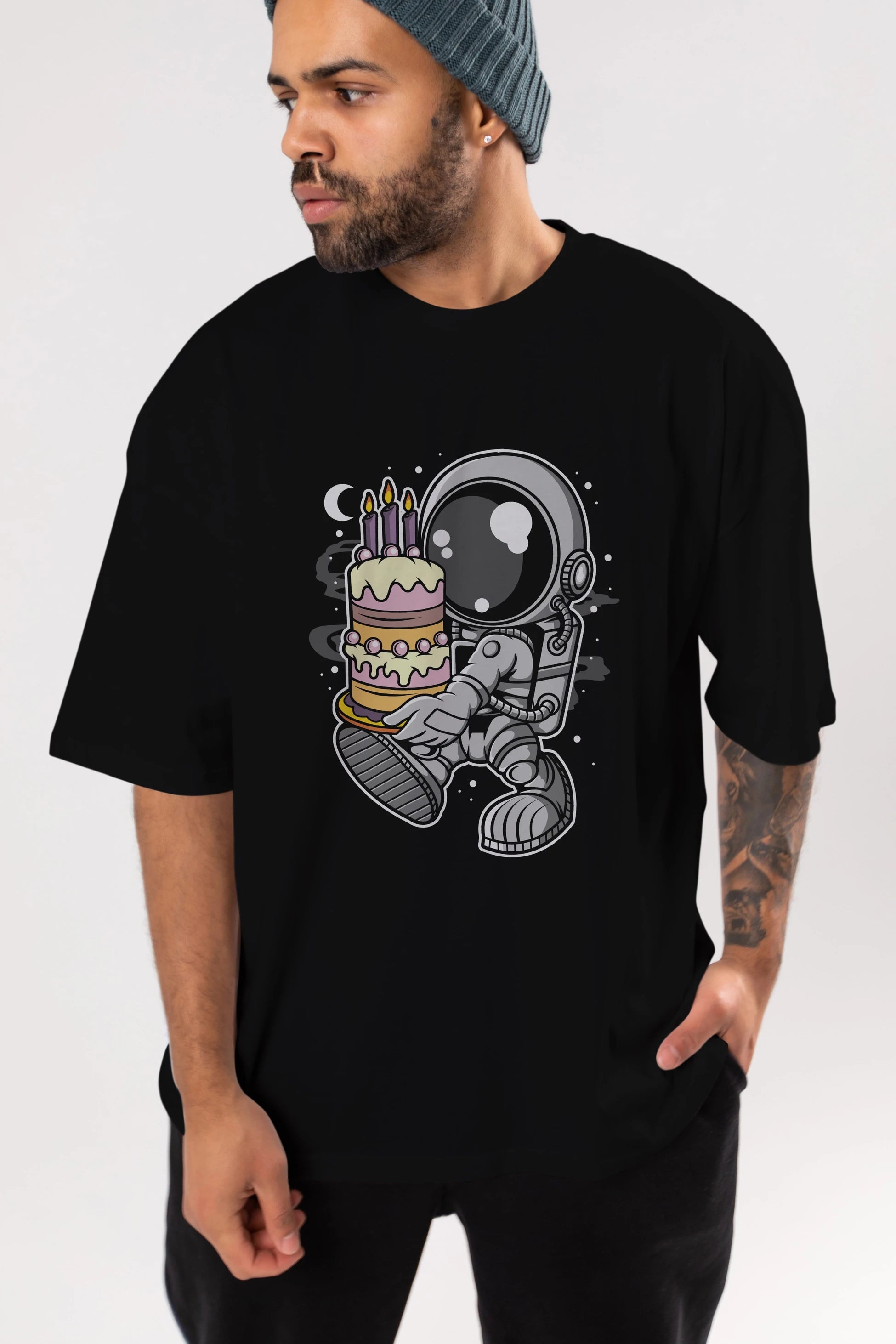 Astronaut Birthday Cake Ön Baskılı Oversize t-shirt Erkek Kadın Unisex