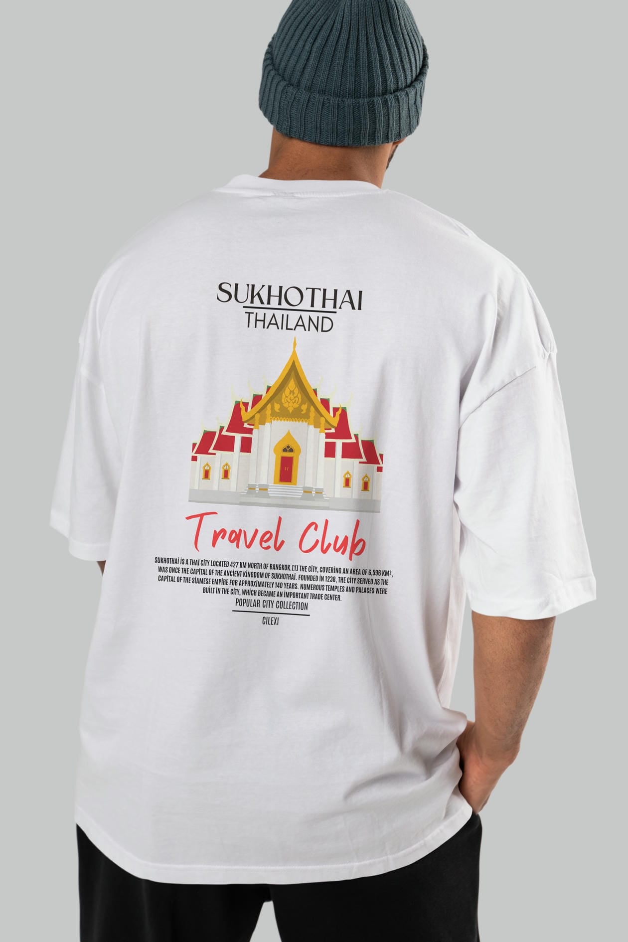 Sukhothai Thailand Arka Baskılı Oversize t-shirt Erkek Kadın Pamuk Bisiklet Yaka tişort