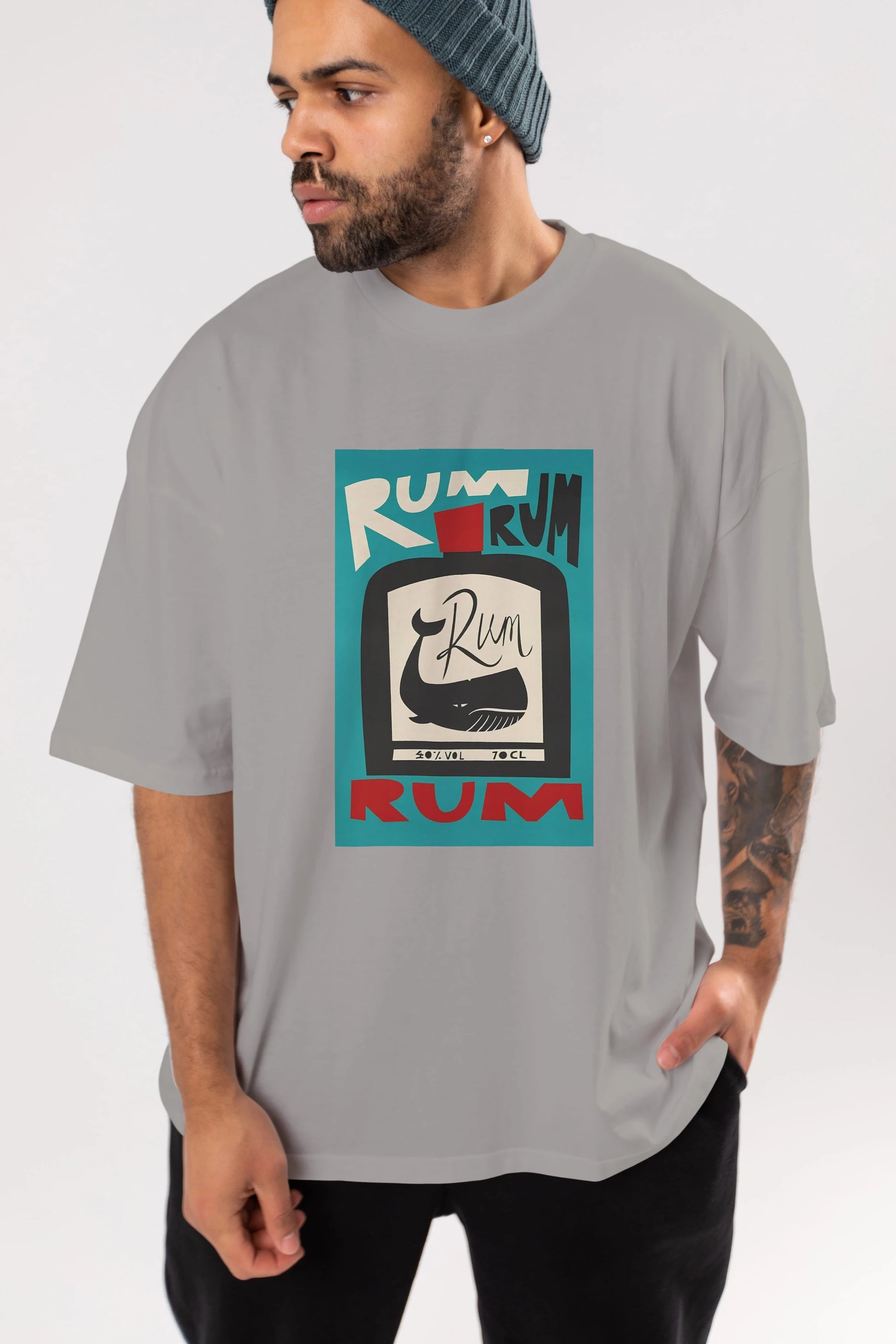 Rum Ön Baskılı Oversize t-shirt Erkek Kadın Unisex %100 Pamuk Bisiklet Yaka tişort