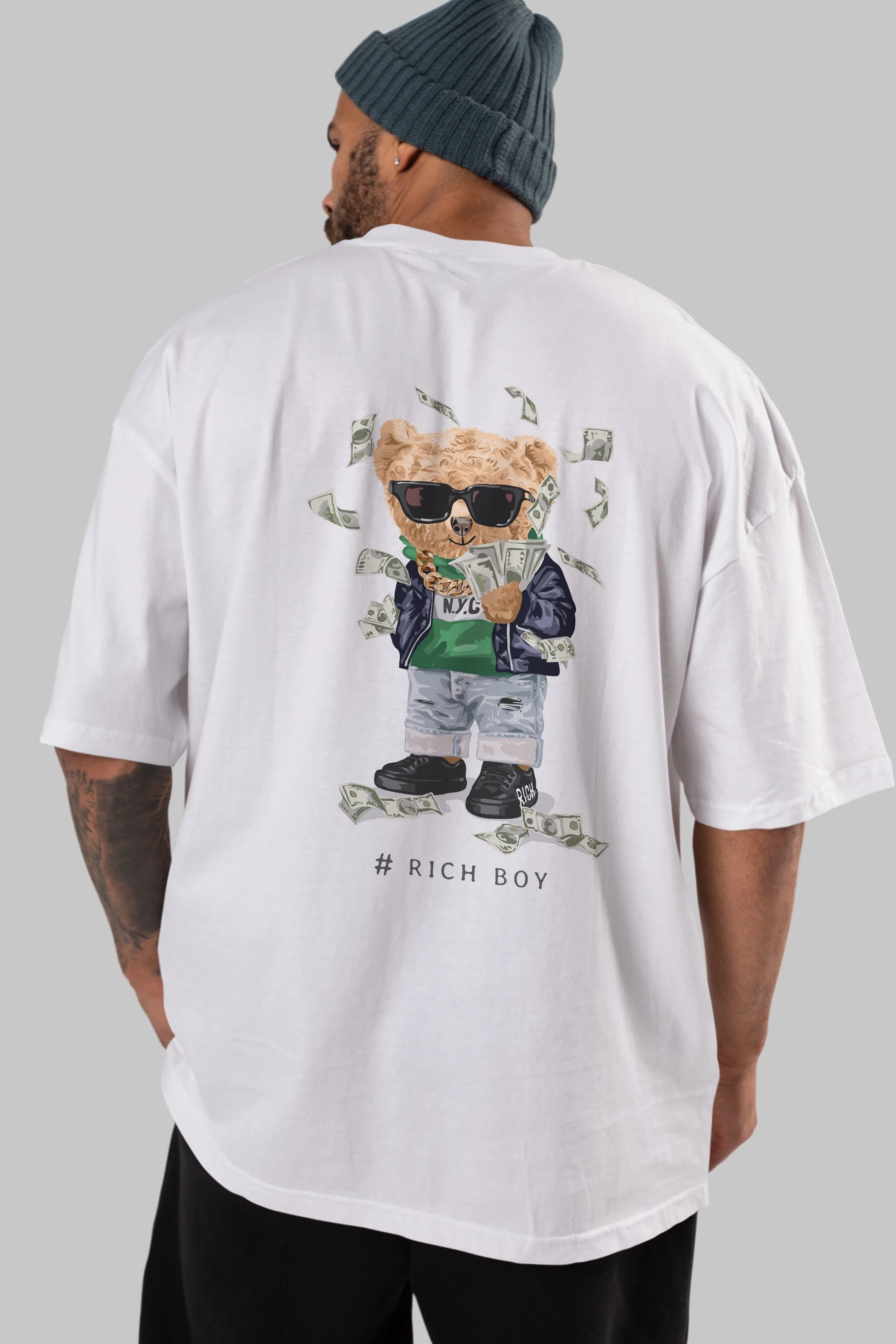 Teddy Bear Rich Boy Arka Baskılı Oversize t-shirt Erkek Kadın Unisex %100 Pamuk